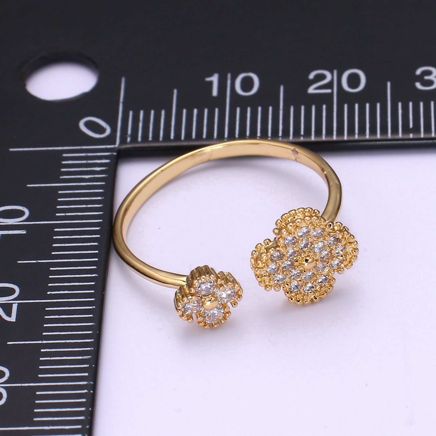 Dainty Cz Clover Ring, Gold Stacking Rings Jewelry Thin Flower Open Adjustable Ring O-957