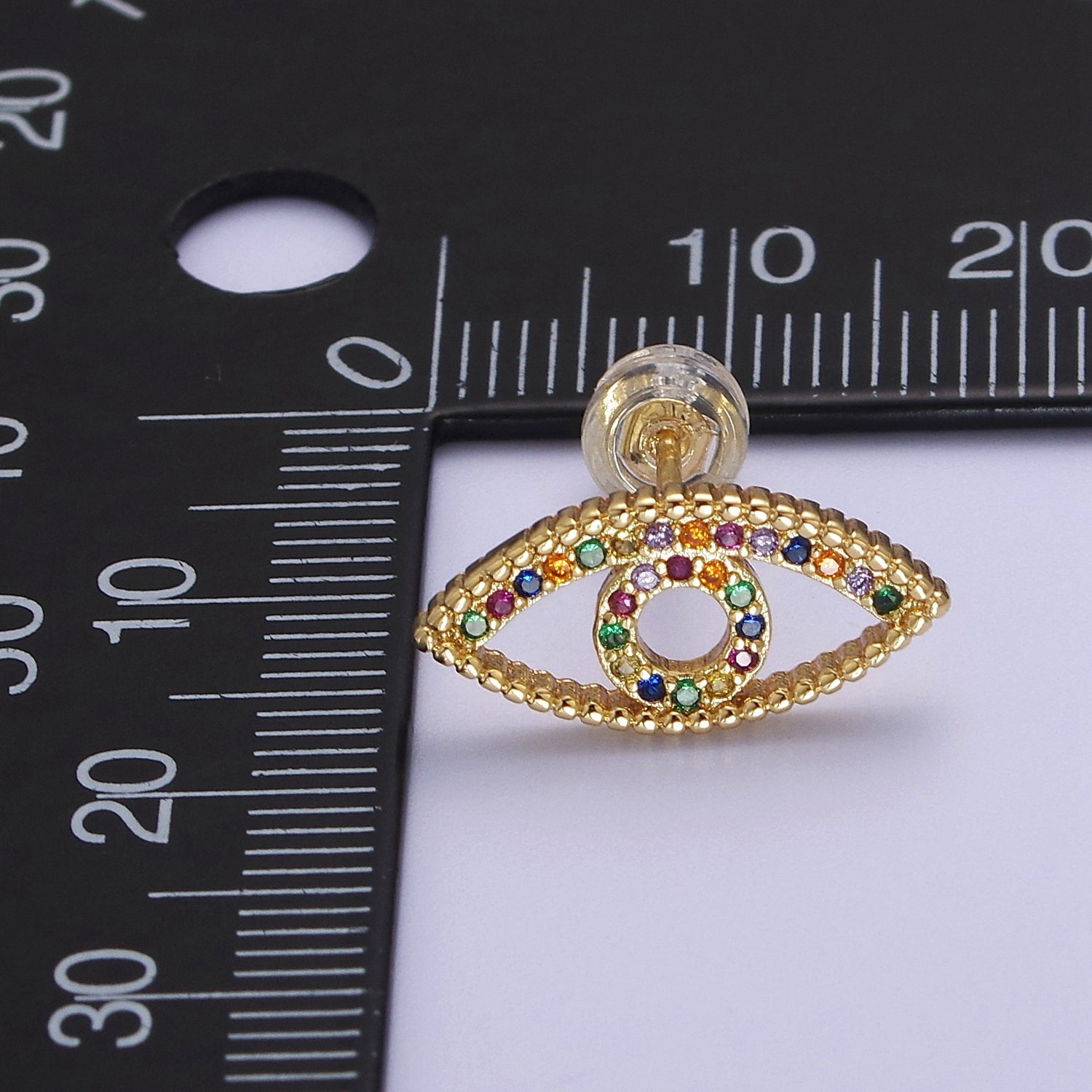 Dainty Gold Rainbow CZ Evil Eye Stud Earring V-099 - DLUXCA