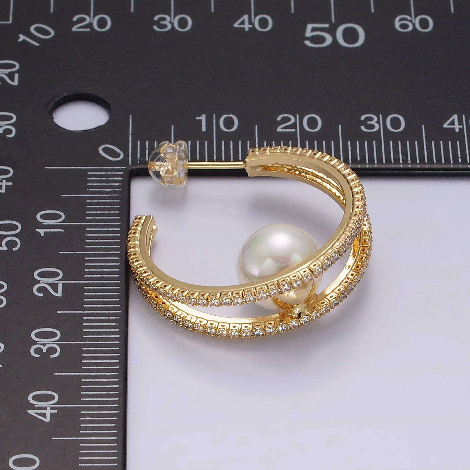 14K Gold Filled 30mm Pearl Double CZ Lined C-Shaped Hoop Earrings in Silver & Gold | AE238 AE239 - DLUXCA