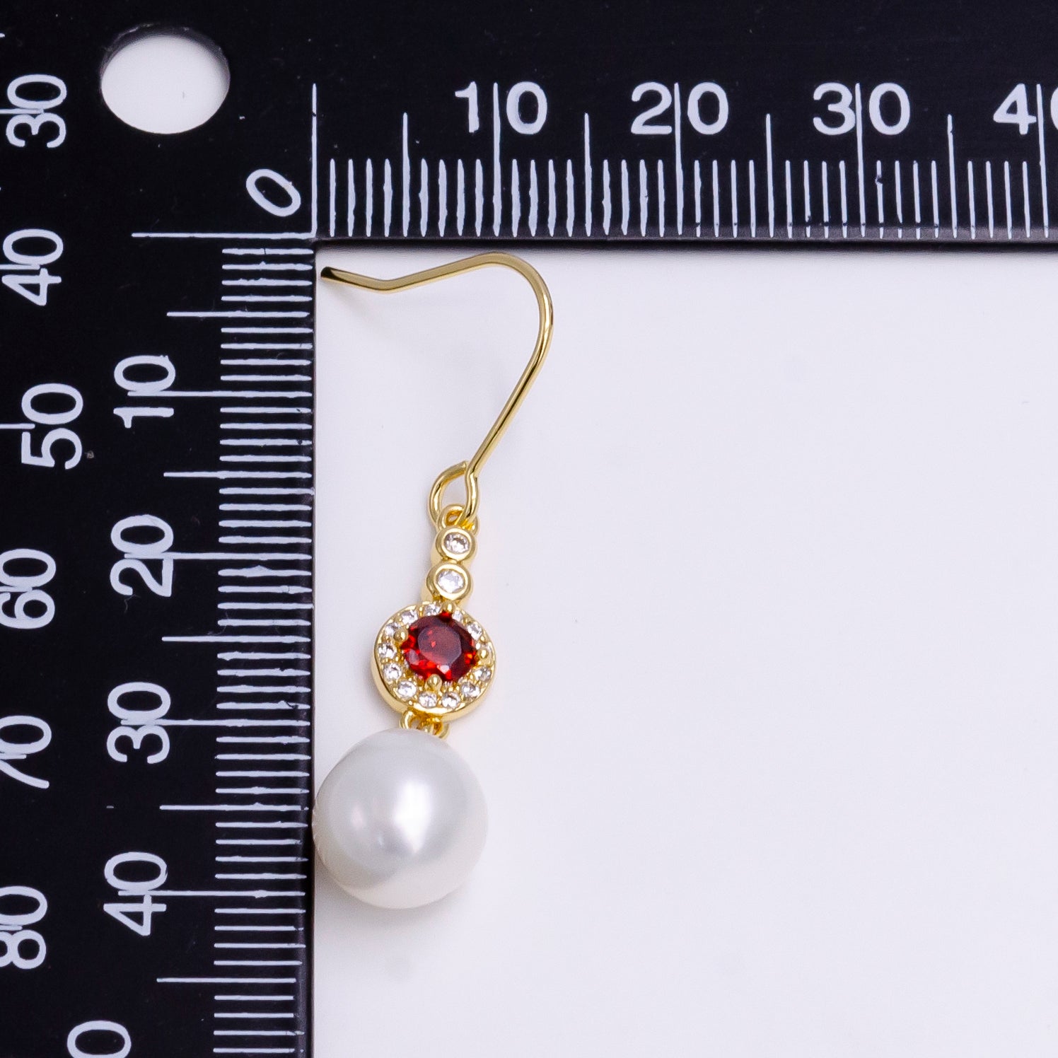 16K Gold Filled Pearl Drop Micro Paved Round Red CZ French Hook Earrings | AE776 - DLUXCA