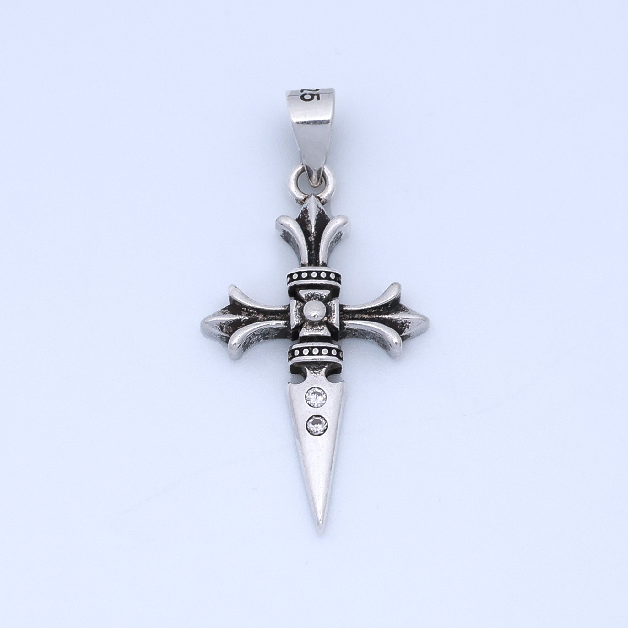 S925 Sterling Silver 30mm Fleur St. James Cross Knife Oxidized Pendant | SL-462