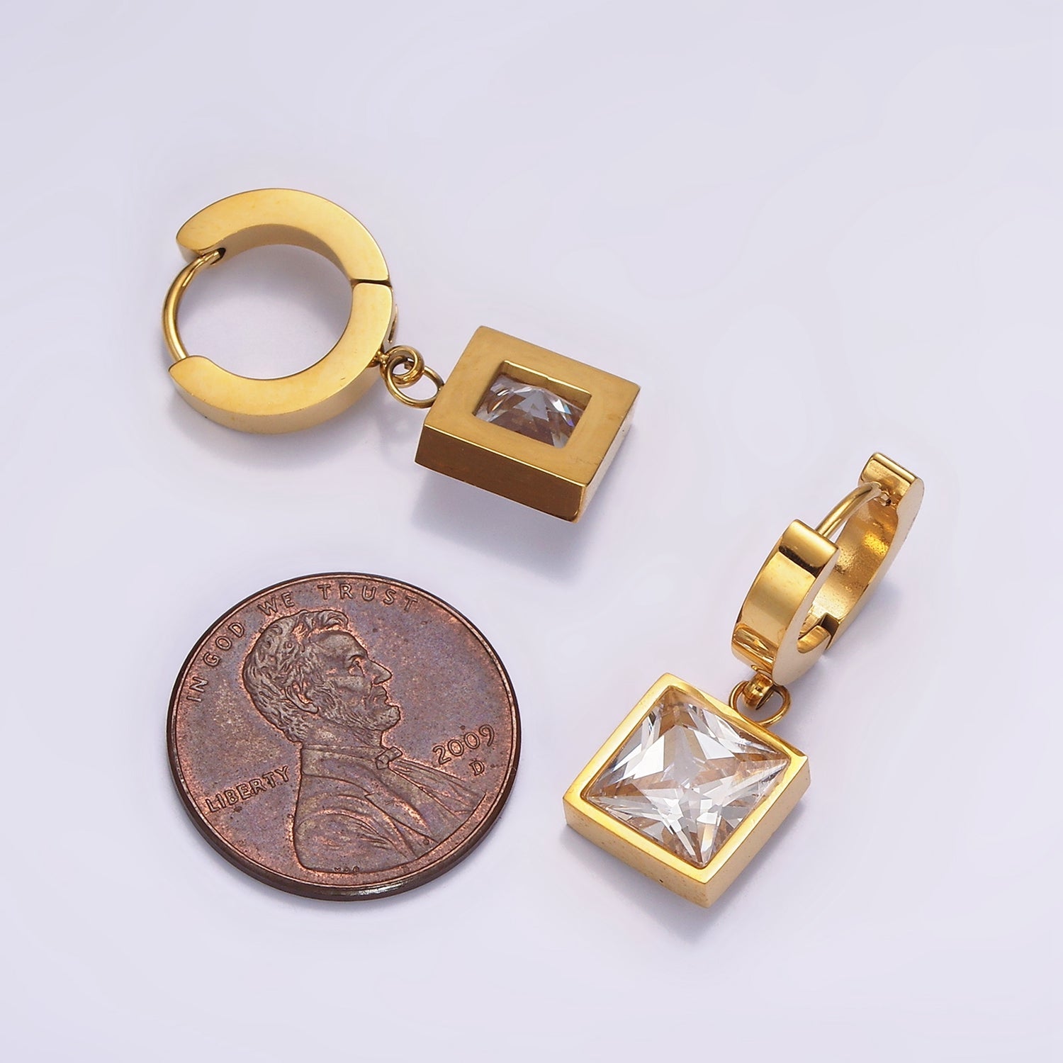 Stainless Steel Clear CZ Square Drop Huggie Earrings in Gold & Silver | AE397 AE398