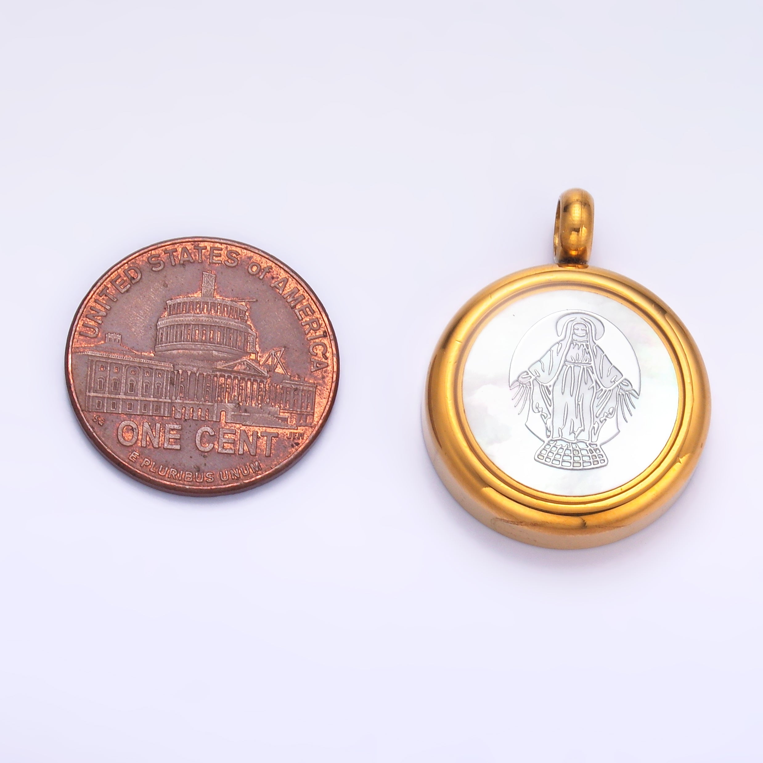 Stainless Steel Religious Mother Mary Shell Pearl Round Bezel Pendant | P820