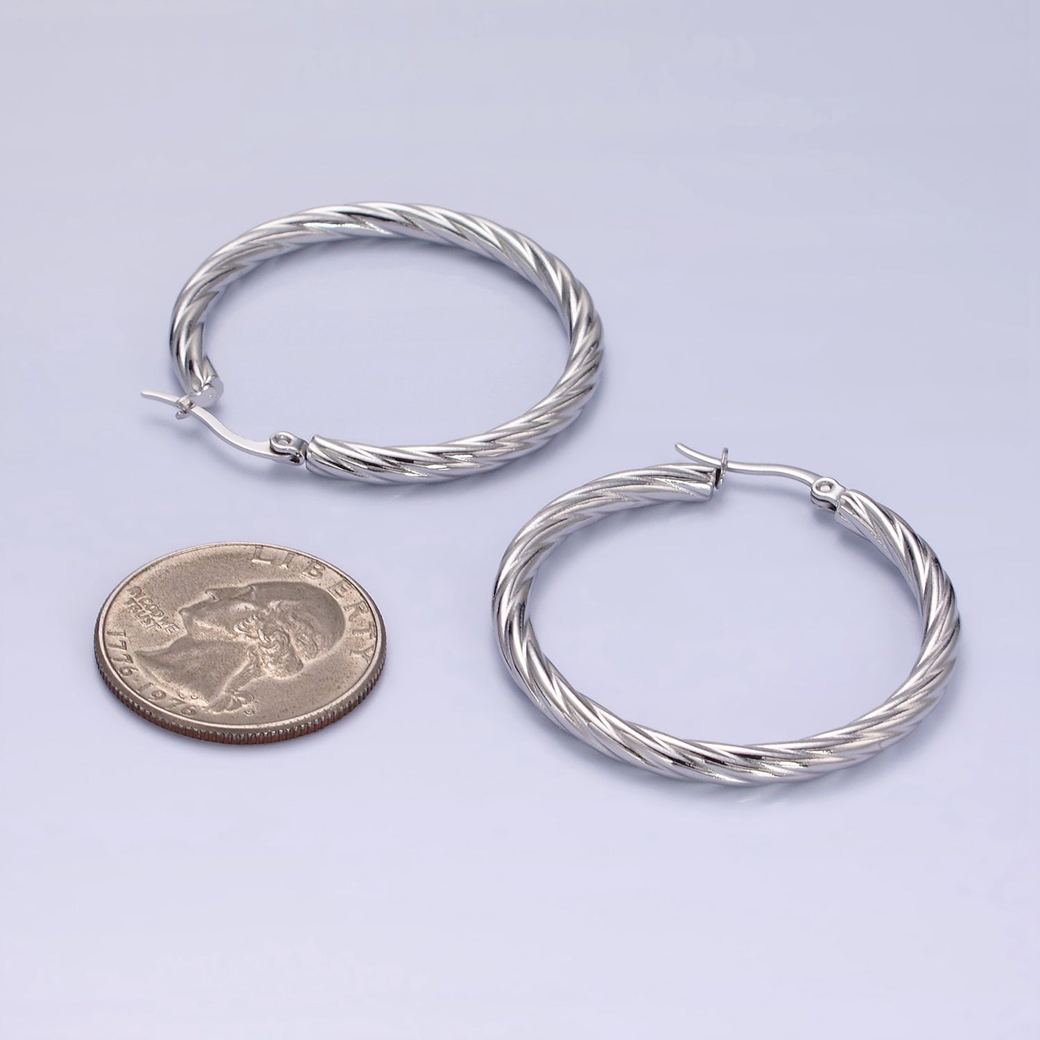 Stainless Steel 40mm Twisted Line-Textured Latch Hoop Earrings | AE247