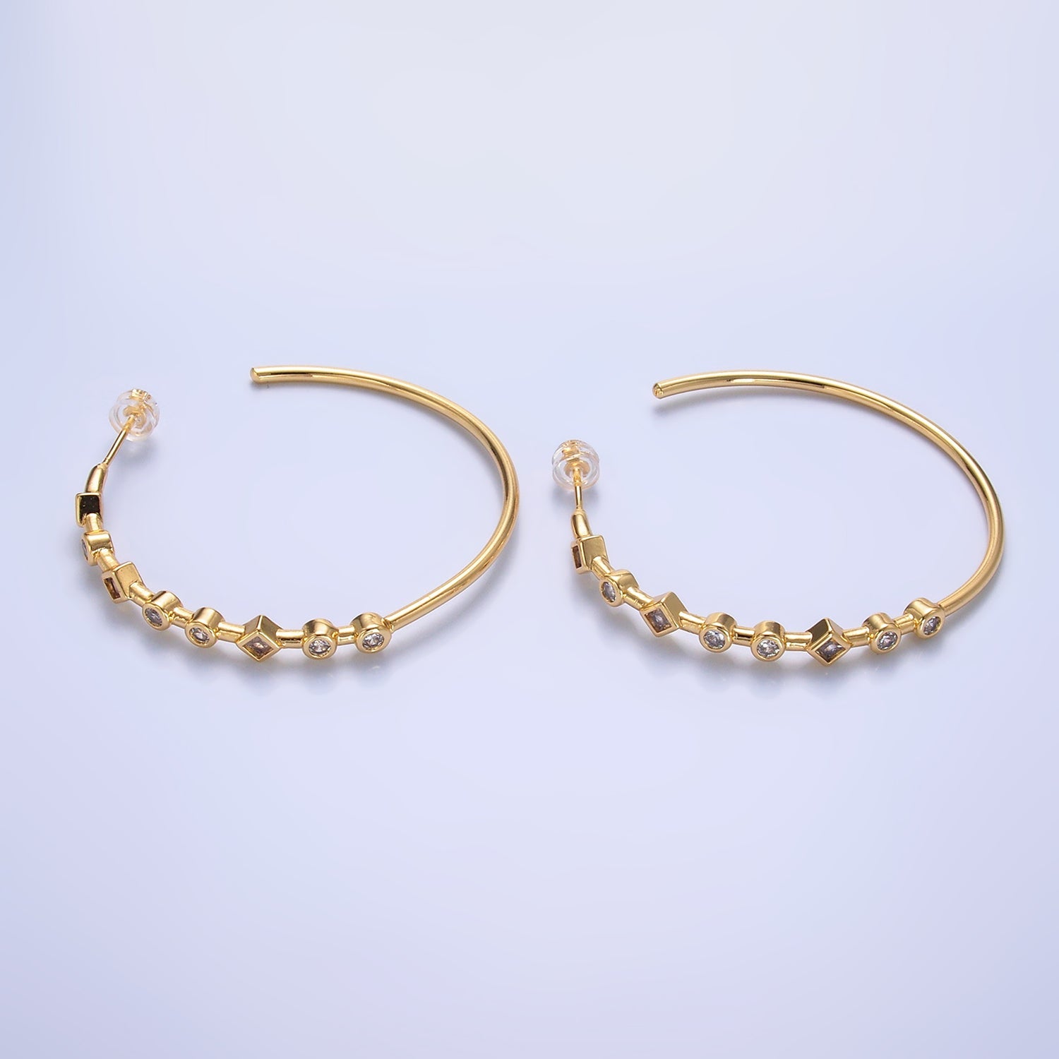 24K Gold Filled 50mm Clear CZ Geometric C-Shaped Hoop Earrings | T125