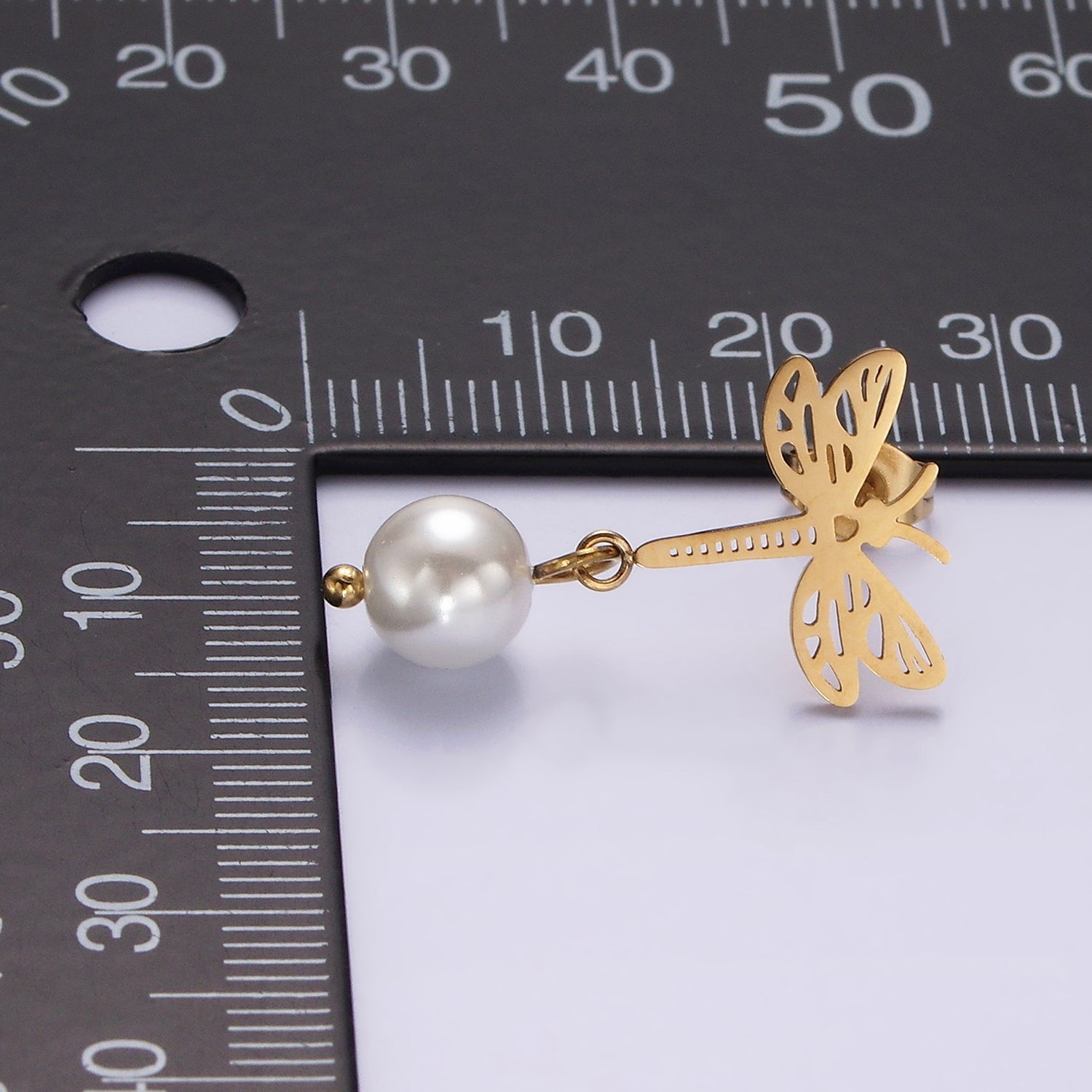 Stainless Steel Open Dragonfly Insect Animal Pearl Drop Stud Earrings | V045 - DLUXCA