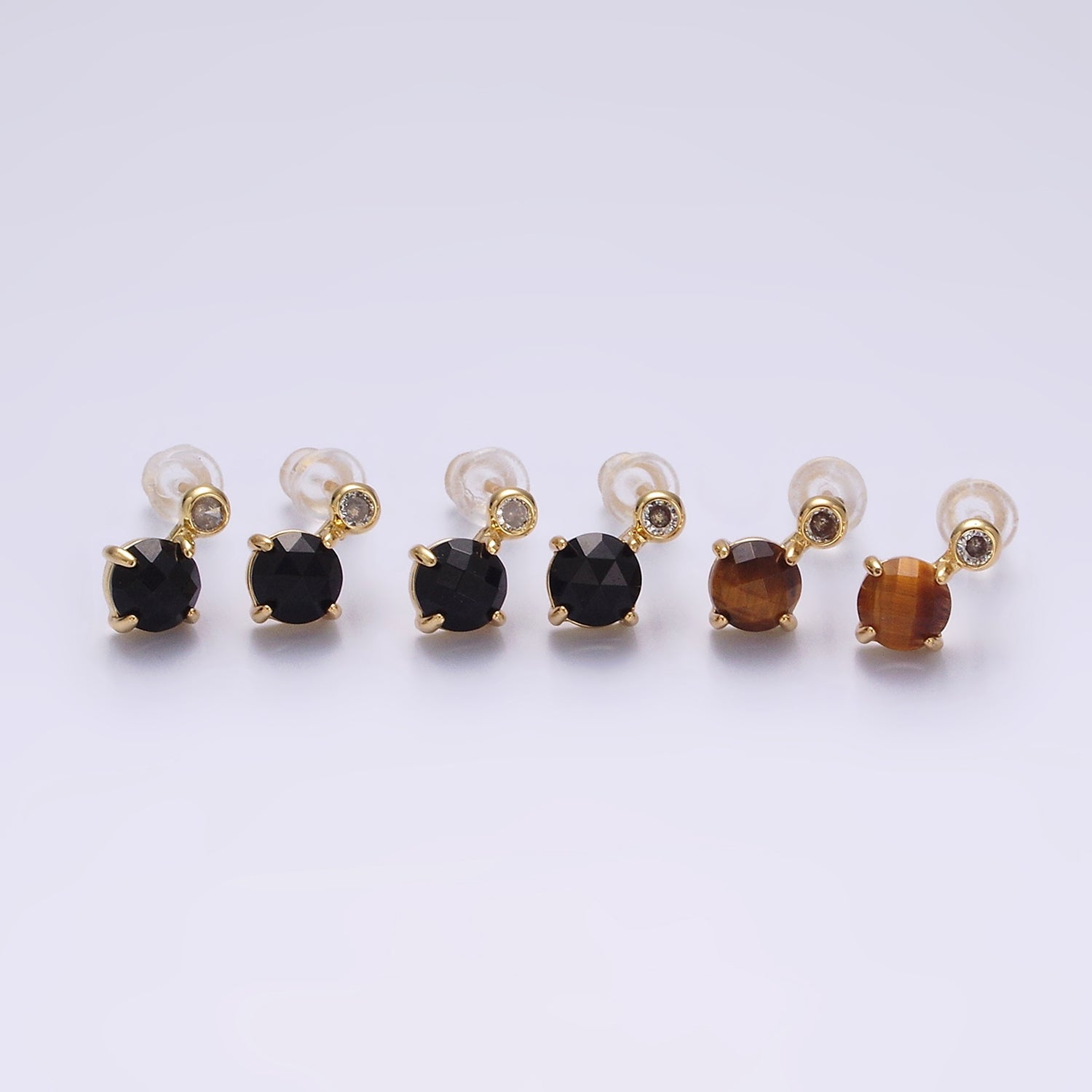 14K Gold Filled 11mm Tiger Eye, Black Agate Multifaceted Round CZ Drop Stud Earrings | V046 - V048 - DLUXCA