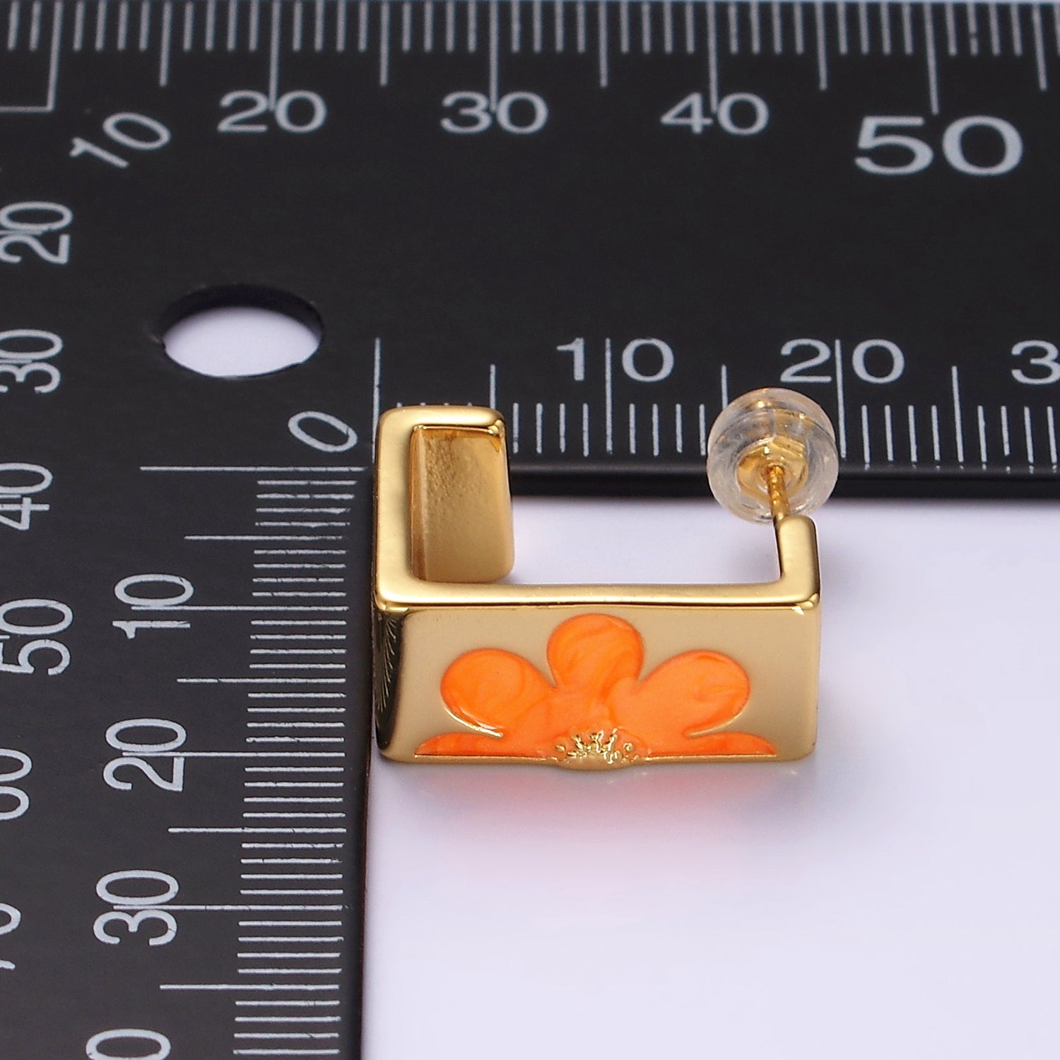 14K Gold Filled Orange Enamel Flower Nature Boxy J-Shaped Hoop Earrings Set | V056 - DLUXCA