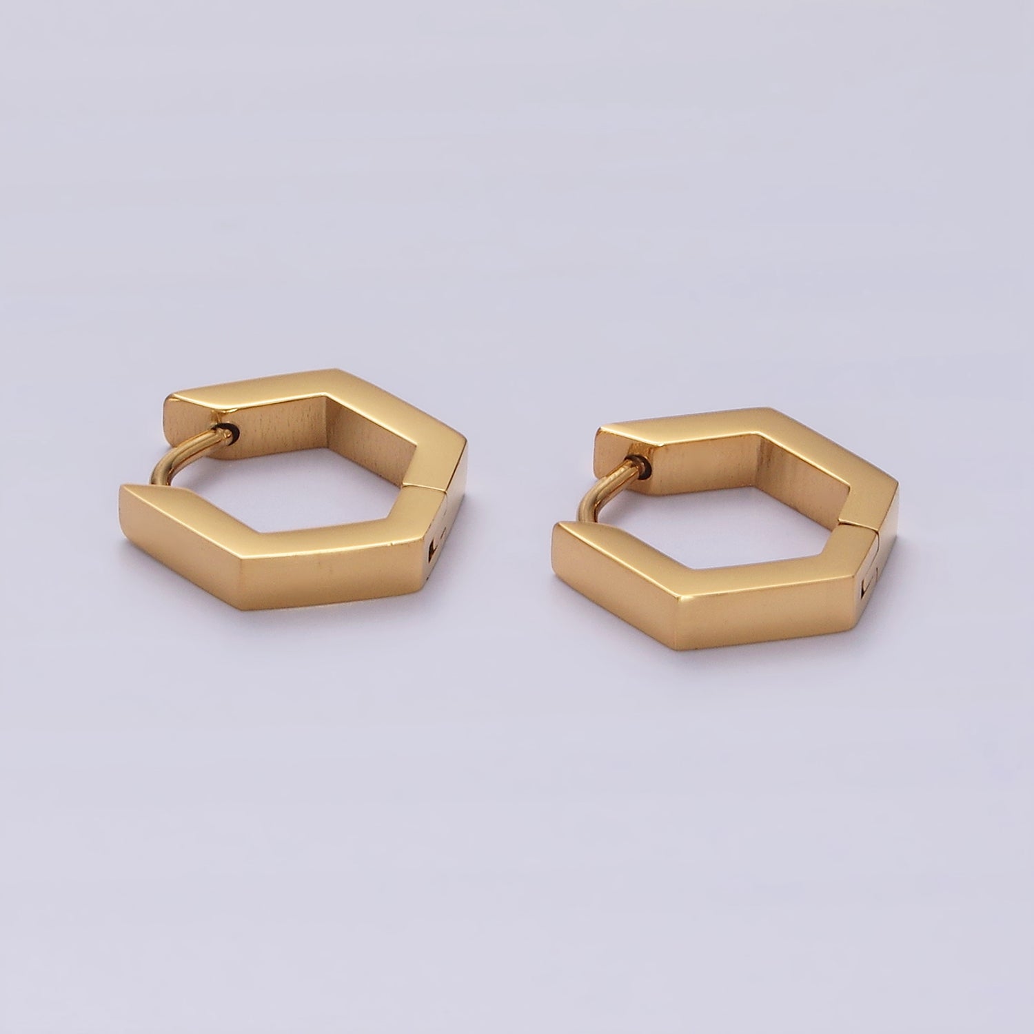 Stainless Steel 14mm Flat Hexagon Minimalist Huggie Earrings in Gold & Silver | V195 V196