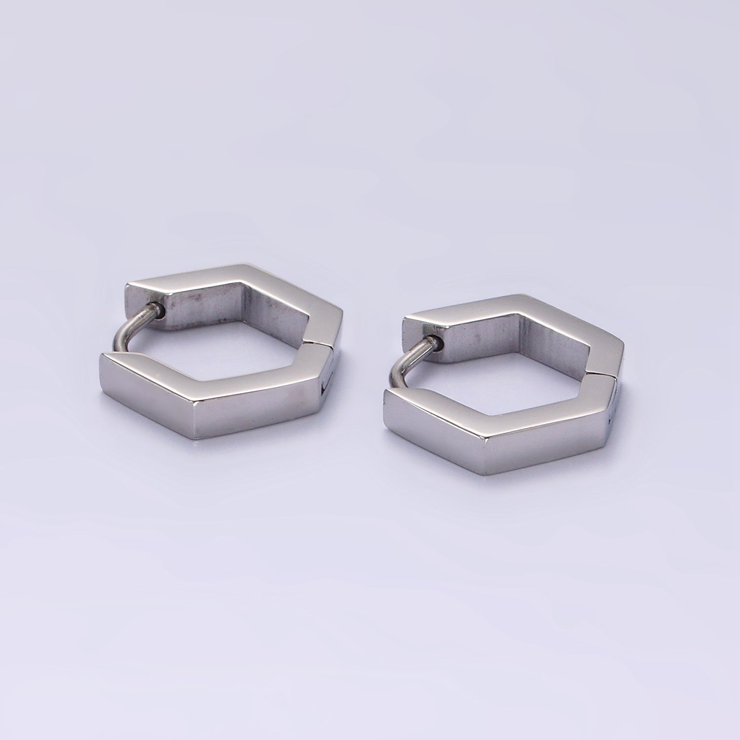 Stainless Steel 14mm Flat Hexagon Minimalist Huggie Earrings in Gold & Silver | V195 V196 - DLUXCA