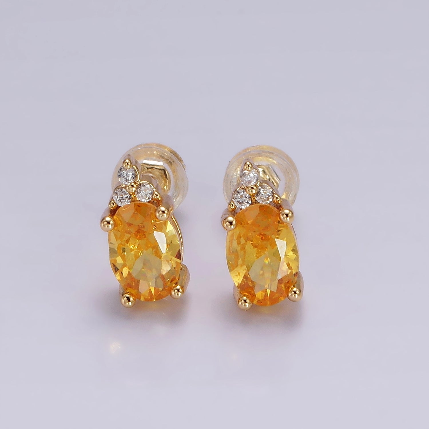 14K Gold Filled Oval Triple CZ Bezel Stud Earrings in Gold & Silver | V-201 - V-228