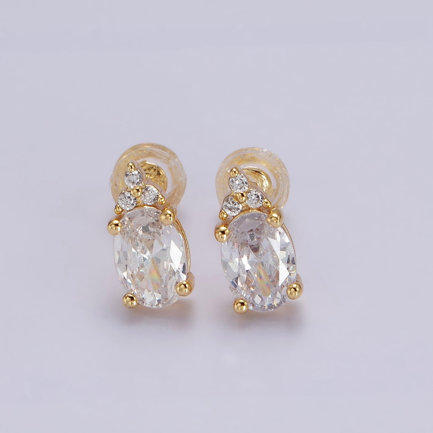 14K Gold Filled Oval Triple CZ Bezel Stud Earrings in Gold & Silver | V201 - V228 - DLUXCA