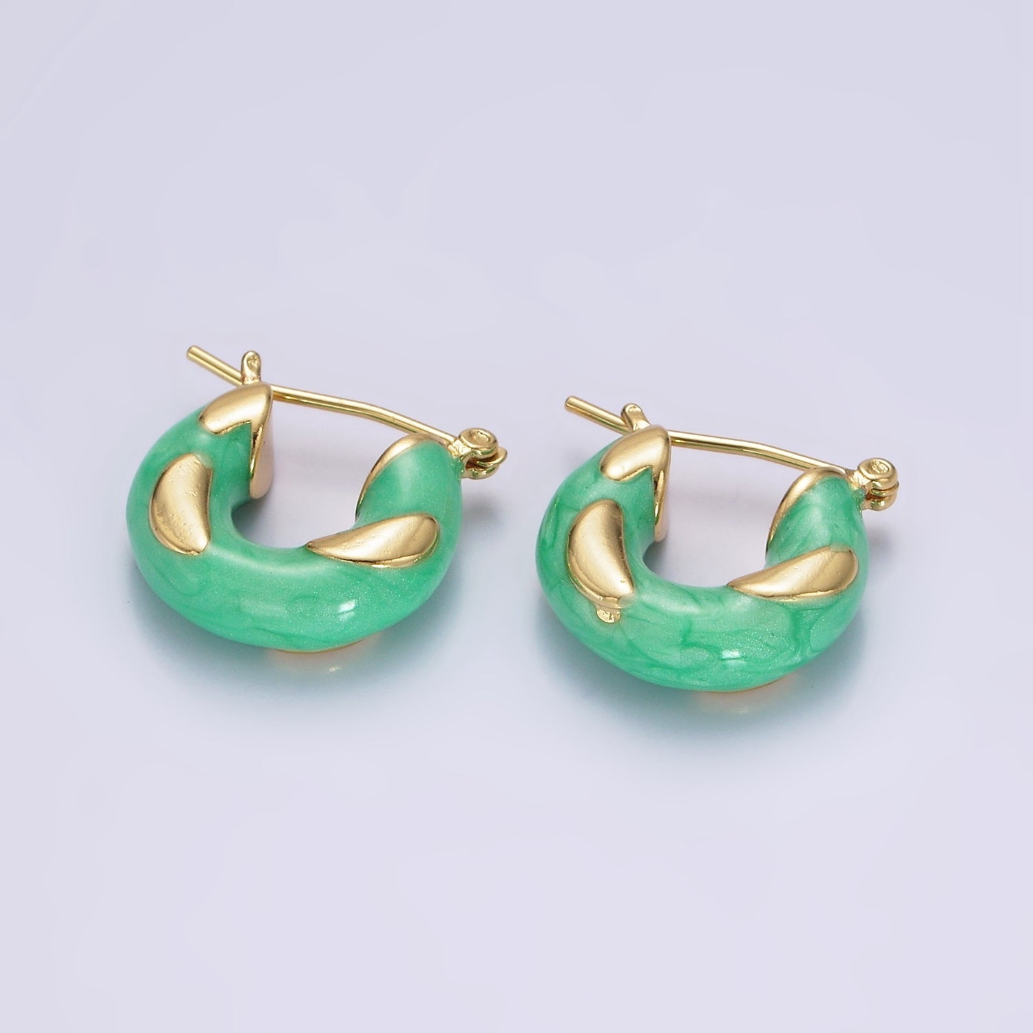 14K Gold Filled White, Blue, Purple, Pink, Green Enamel Curved Line Chubby Latch Hoop Earrings | V-234 - V-238