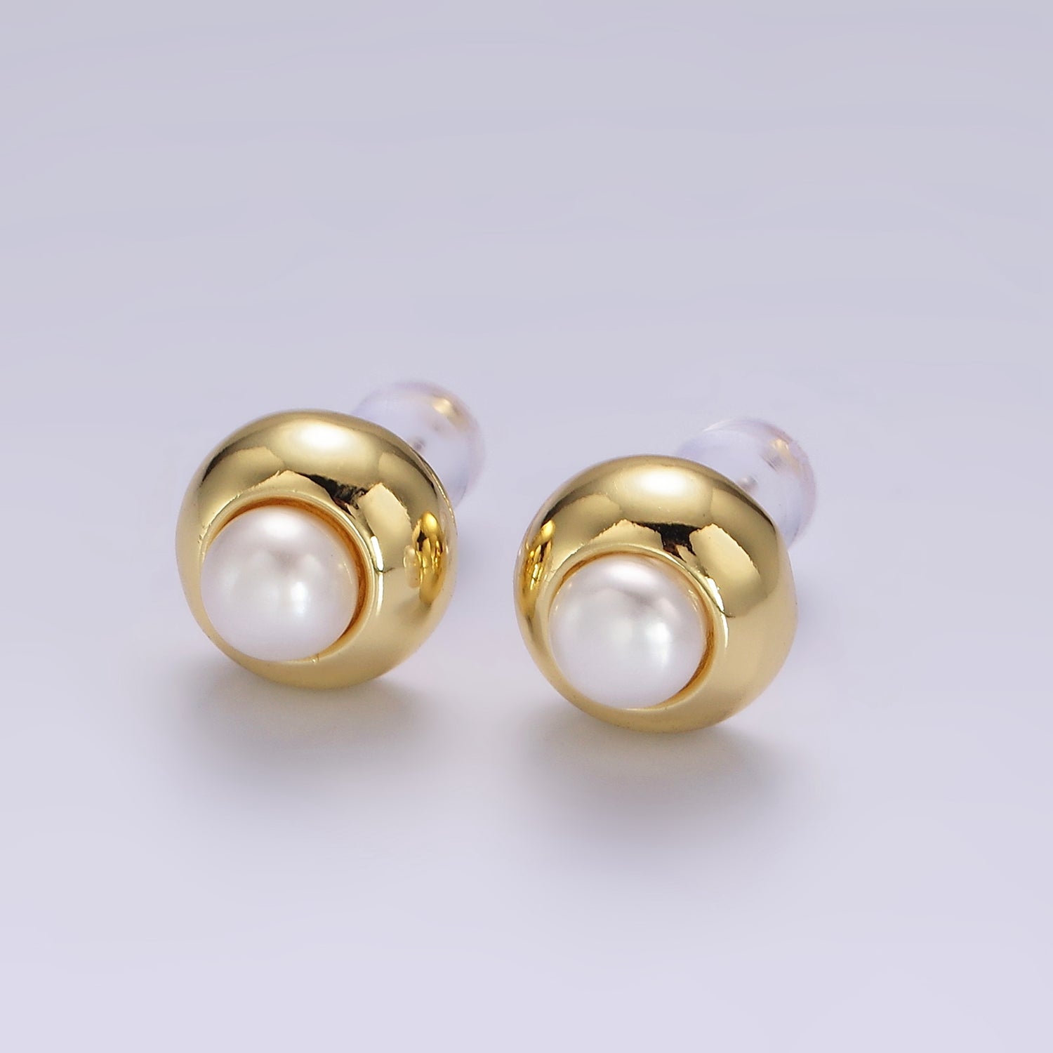 14K Gold Filled 10mm Pearl Round Bezel Stud Earrings | V256 - DLUXCA