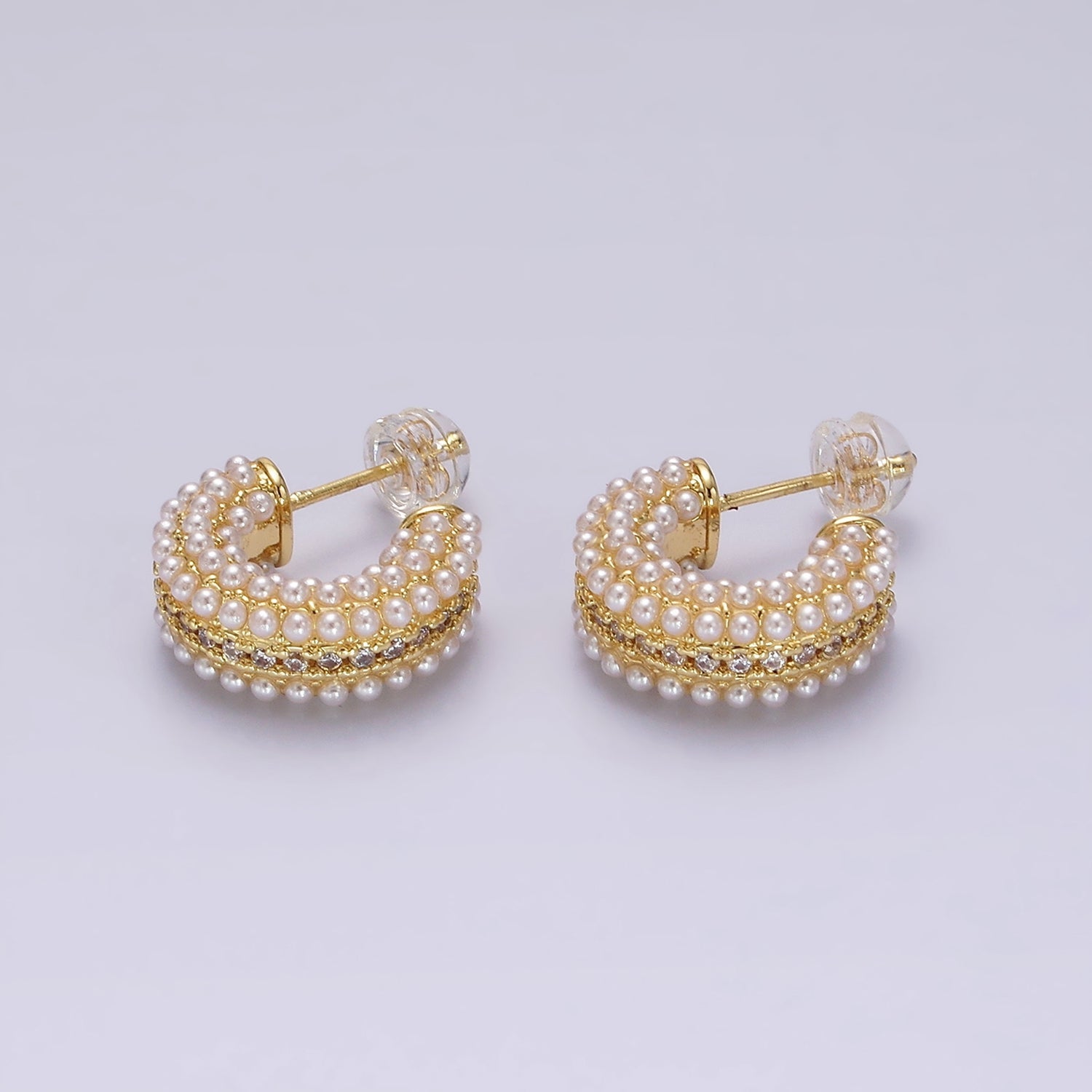 14K Gold Filled Multiple Pearl Micro Paved CZ 15mm C-Shaped Hoop Earrings in Gold & Silver | V-259 V-260 - DLUXCA