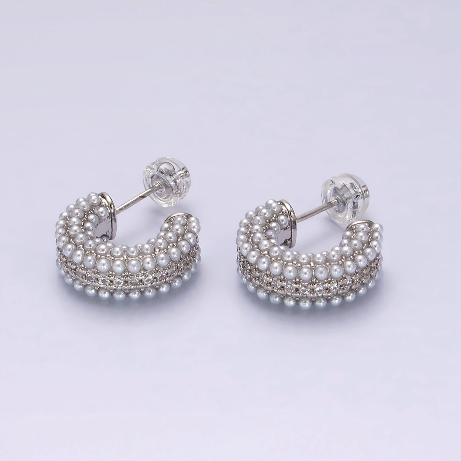 14K Gold Filled Multiple Pearl Micro Paved CZ 15mm C-Shaped Hoop Earrings in Gold & Silver | V-259 V-260 - DLUXCA