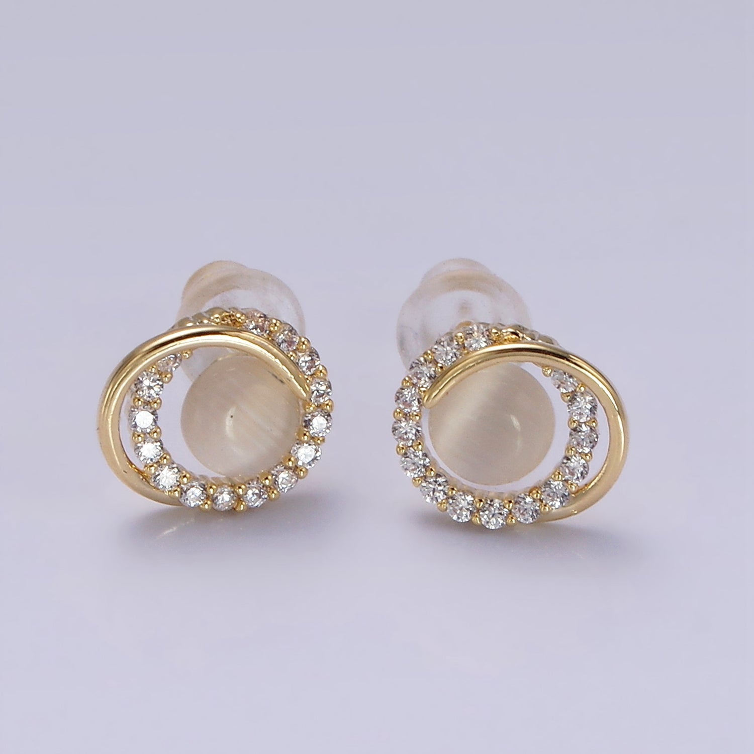 14K Gold Filled White Cat's Eye Double Micro Paved Circular Band Stud Earrings in Gold & Silver | V262 V263 - DLUXCA