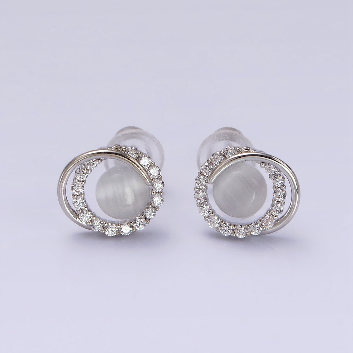 14K Gold Filled White Cat's Eye Double Micro Paved Circular Band Stud Earrings in Gold & Silver | V262 V263 - DLUXCA