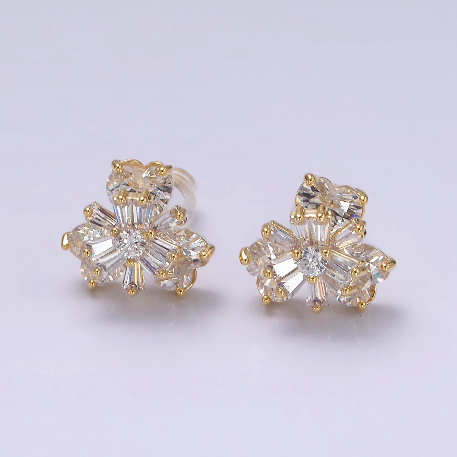 14K Gold Filled 10mm Flower Nature Clear CZ Baguette Stud Earrings | V266