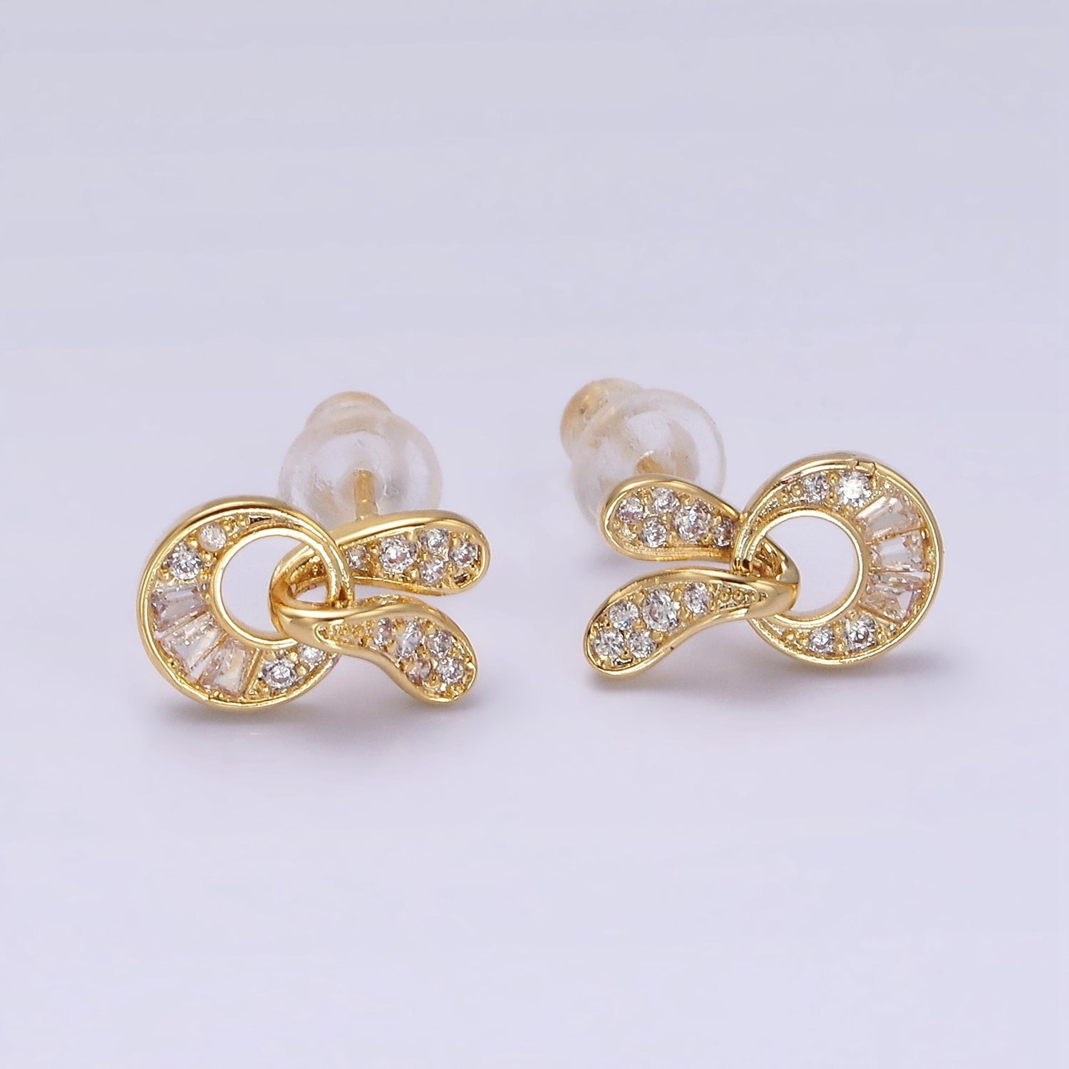 14K Gold Filled Open Geometric Baguette Micro Paved CZ Stud Earrings in Gold & Silver | V276 V277