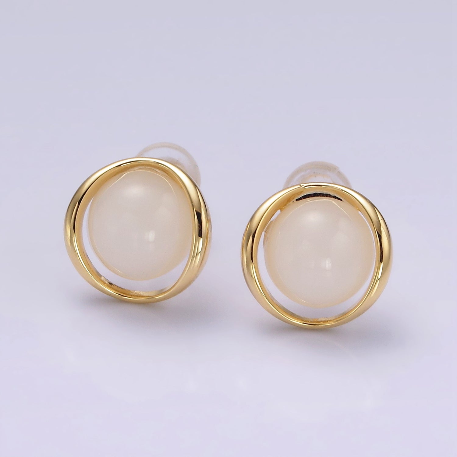 14K Gold Filled White Cat's Eye Open Round Stud Earrings in Gold & Silver | V280 V281 - DLUXCA