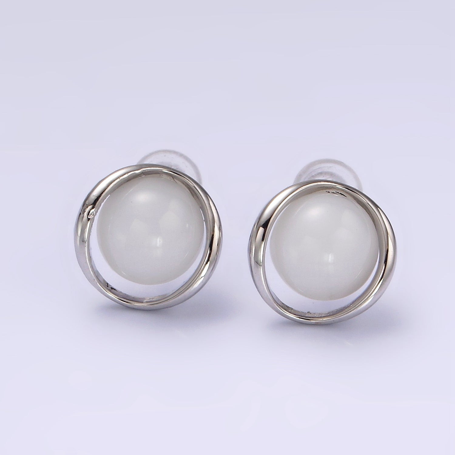 14K Gold Filled White Cat's Eye Open Round Stud Earrings in Gold & Silver | V280 V281 - DLUXCA