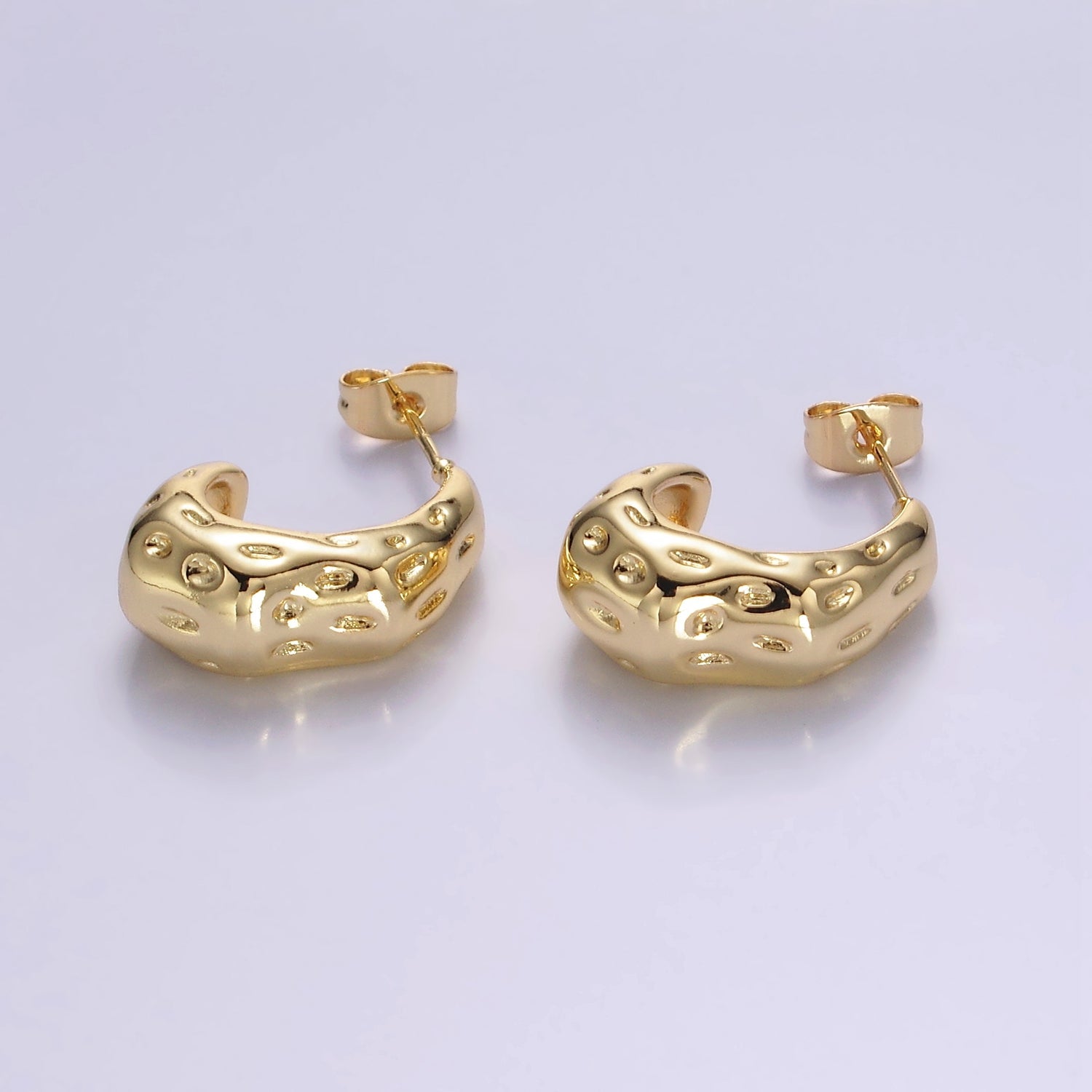 14K Gold Filled 20mm Dotted Hammered Dome J-Shaped Hoop Earrings | V286