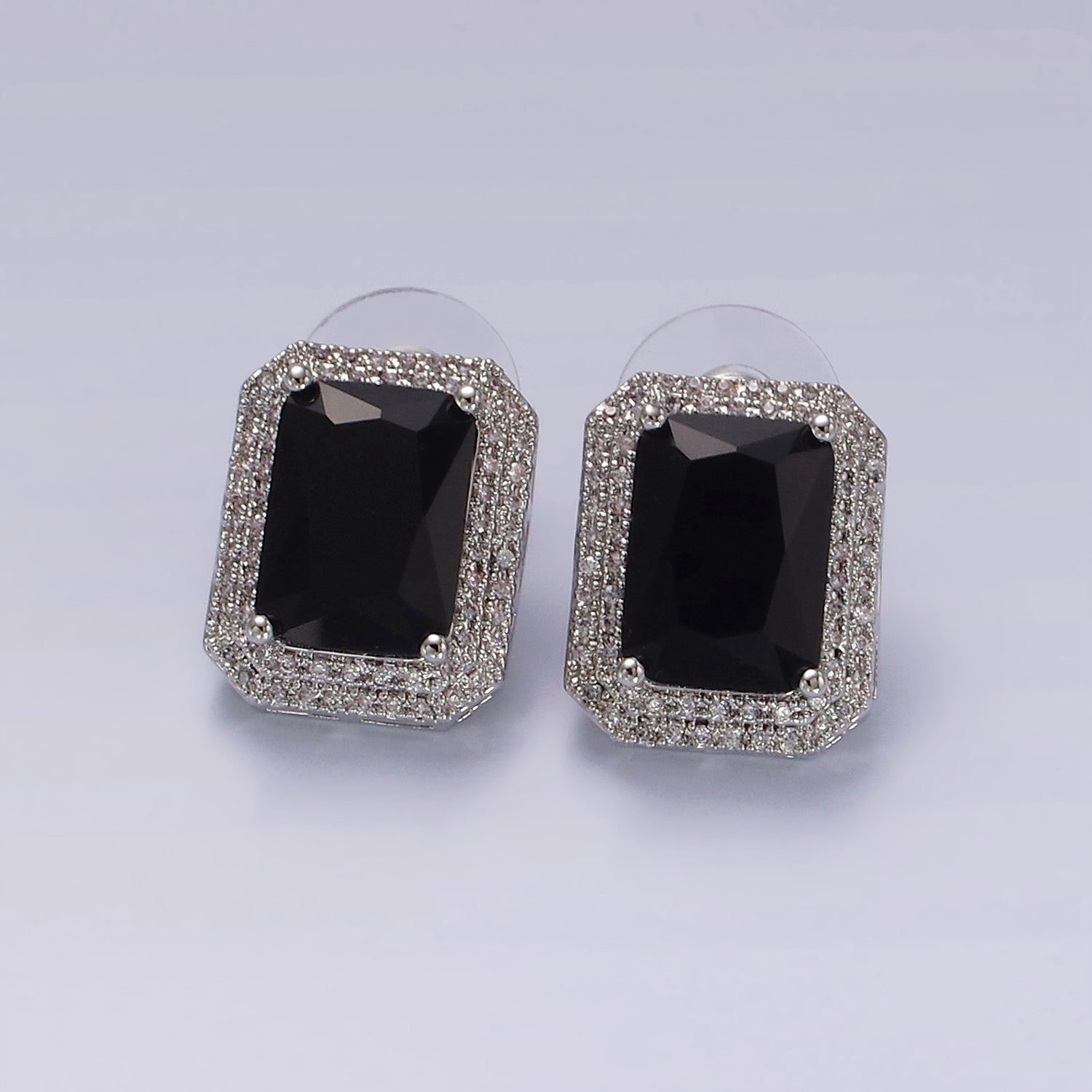 Rhodium Plated Black Baguette CZ Micro Paved Stud Earrings | V289