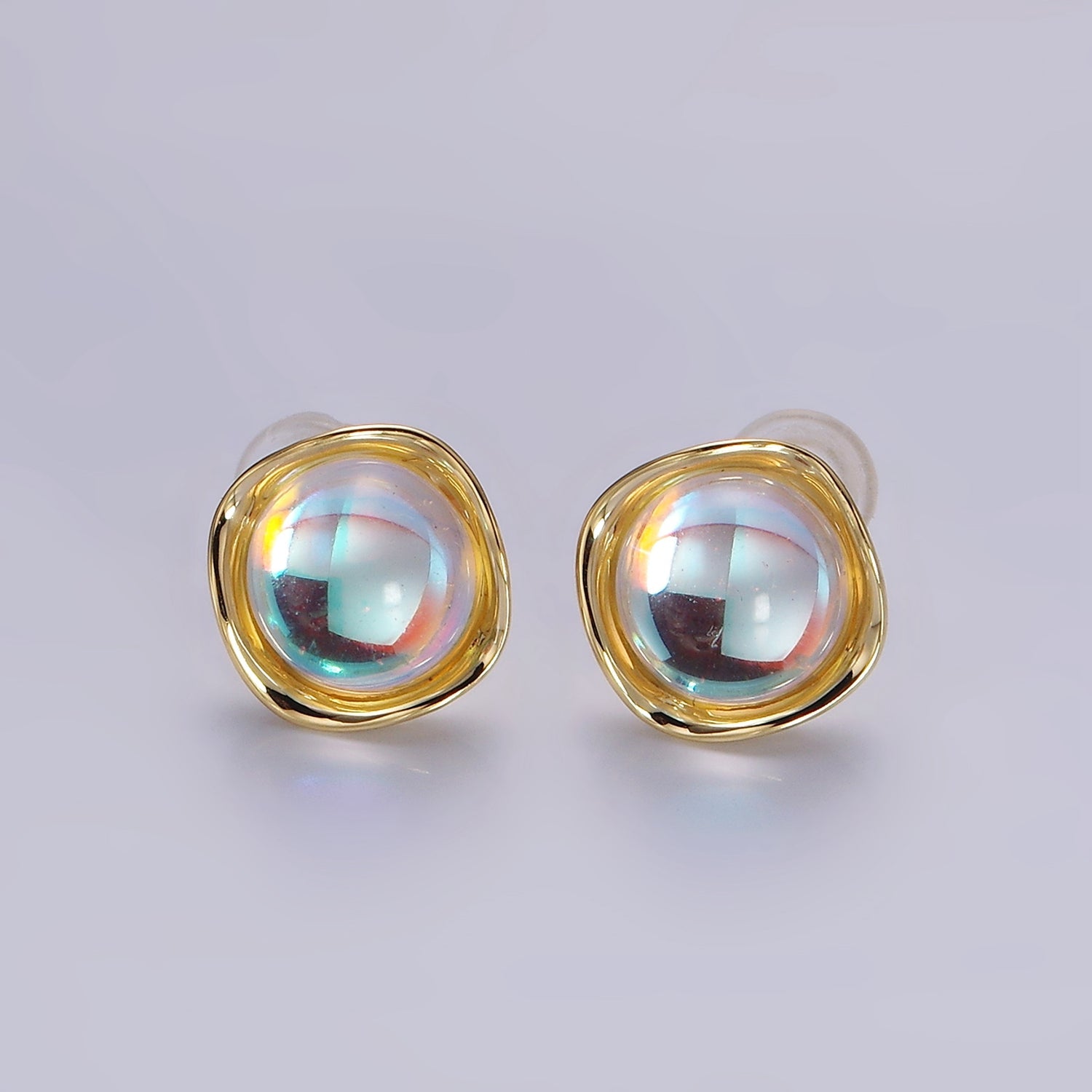 14K Gold Filled 10mm Iridescent CZ Rounded Square Bezel Stud Earrings | V314