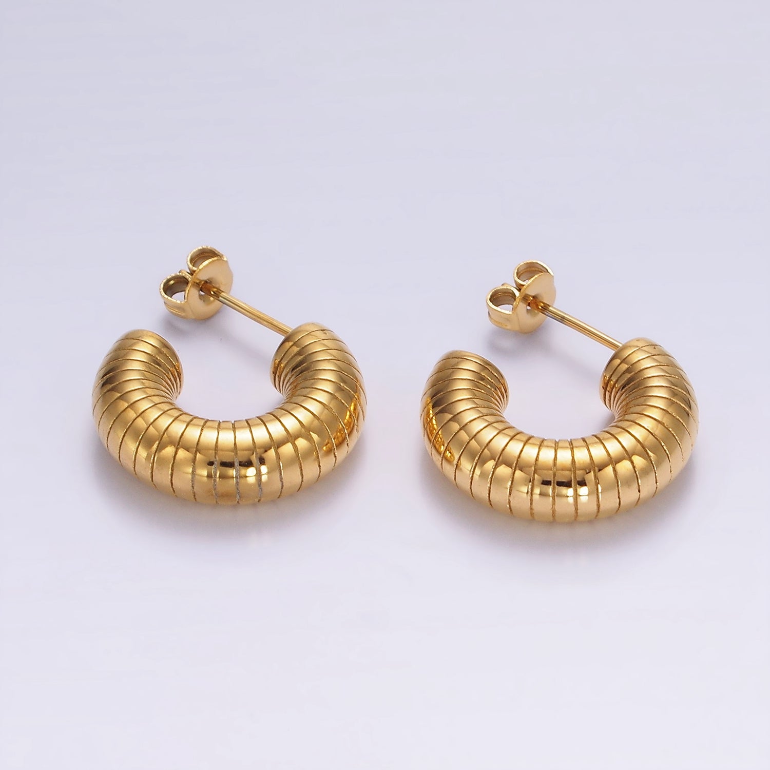 Stainless Steel 20mm Line-Textured Chubby C-Shaped Hoop Earrings | V485