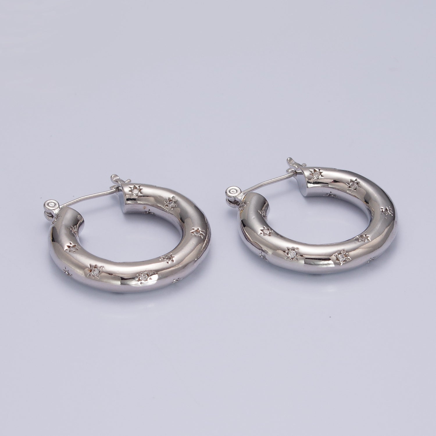Clear/Green Celestial Star Studded French Lock Hinged Hook Hoop Earrings in Silver & Gold P-383 P-384