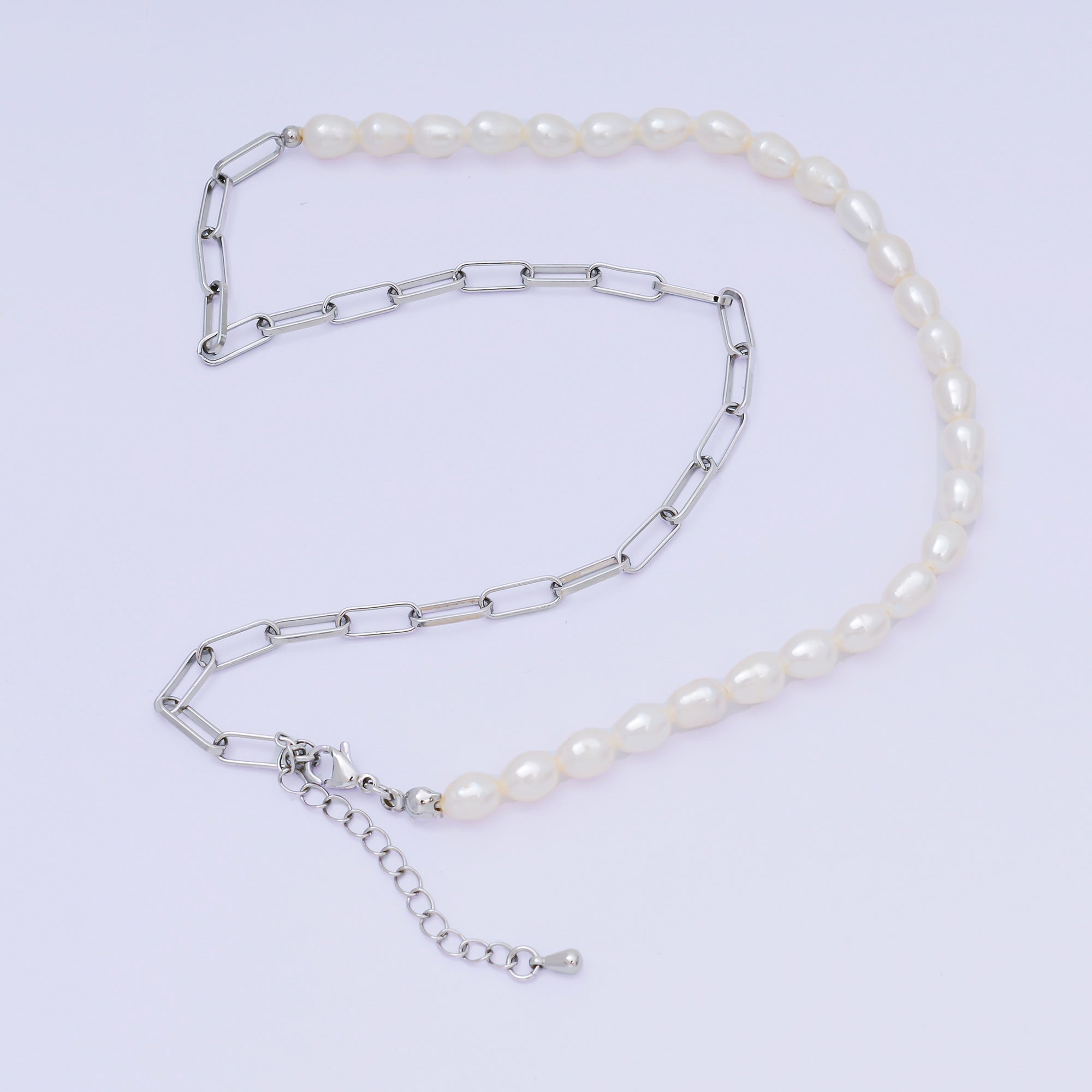 17 Inch Half Paperclip Chain, Half 5.3mm Freshwater Pearl Necklace | WA-1467 Clearance Pricing