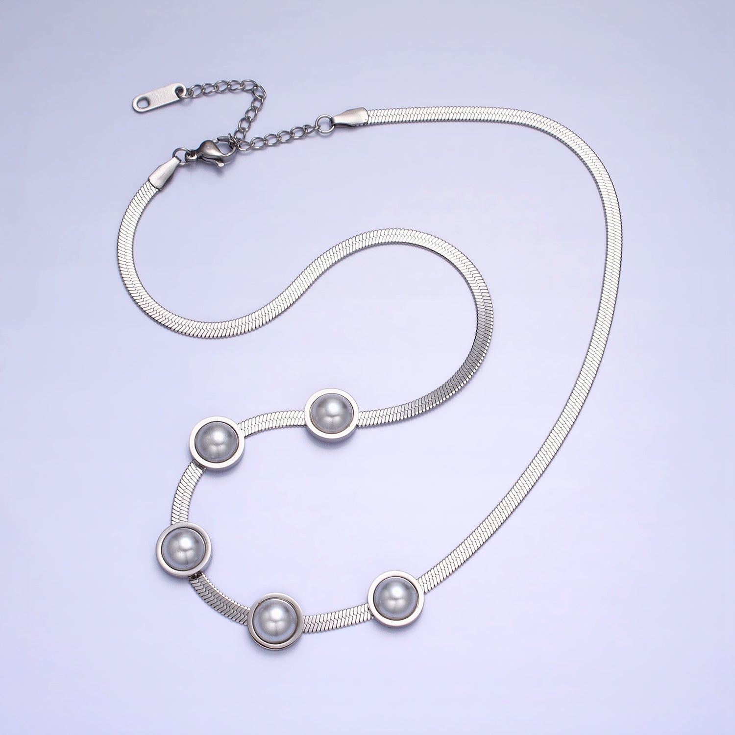 Stainless Steel Rounded Pearl 3mm Herringbone Snake 16 Inch Choker Geometric Chain Necklace | WA-1714 - DLUXCA