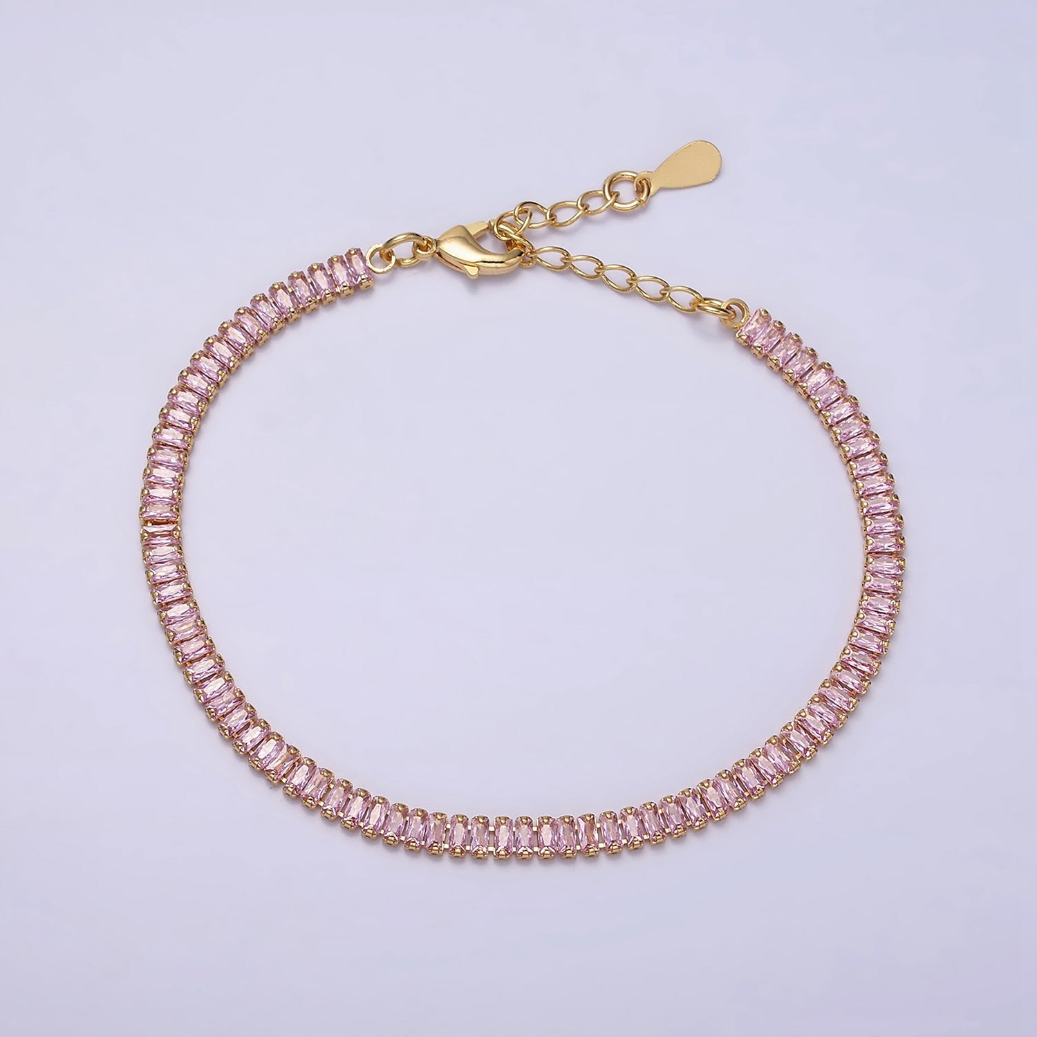16K Gold Filled Clear, Pink Baguette CZ 3.5mm Tennis Chain 6.5 Inch Bracelet | WA-1820 ~ WA1823