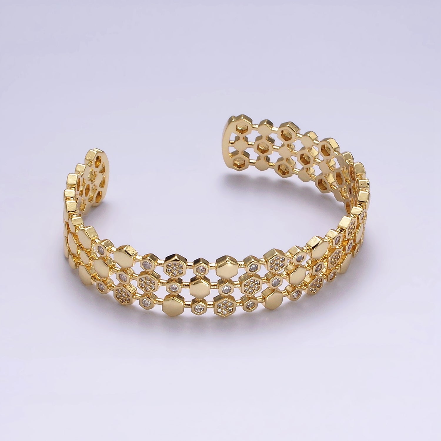 14K Gold Filled Hexagonal Micro Paved CZ Triple Lined Cuff Bangle Bracelet in Gold & Silver | WA-1916 WA-1917 - DLUXCA