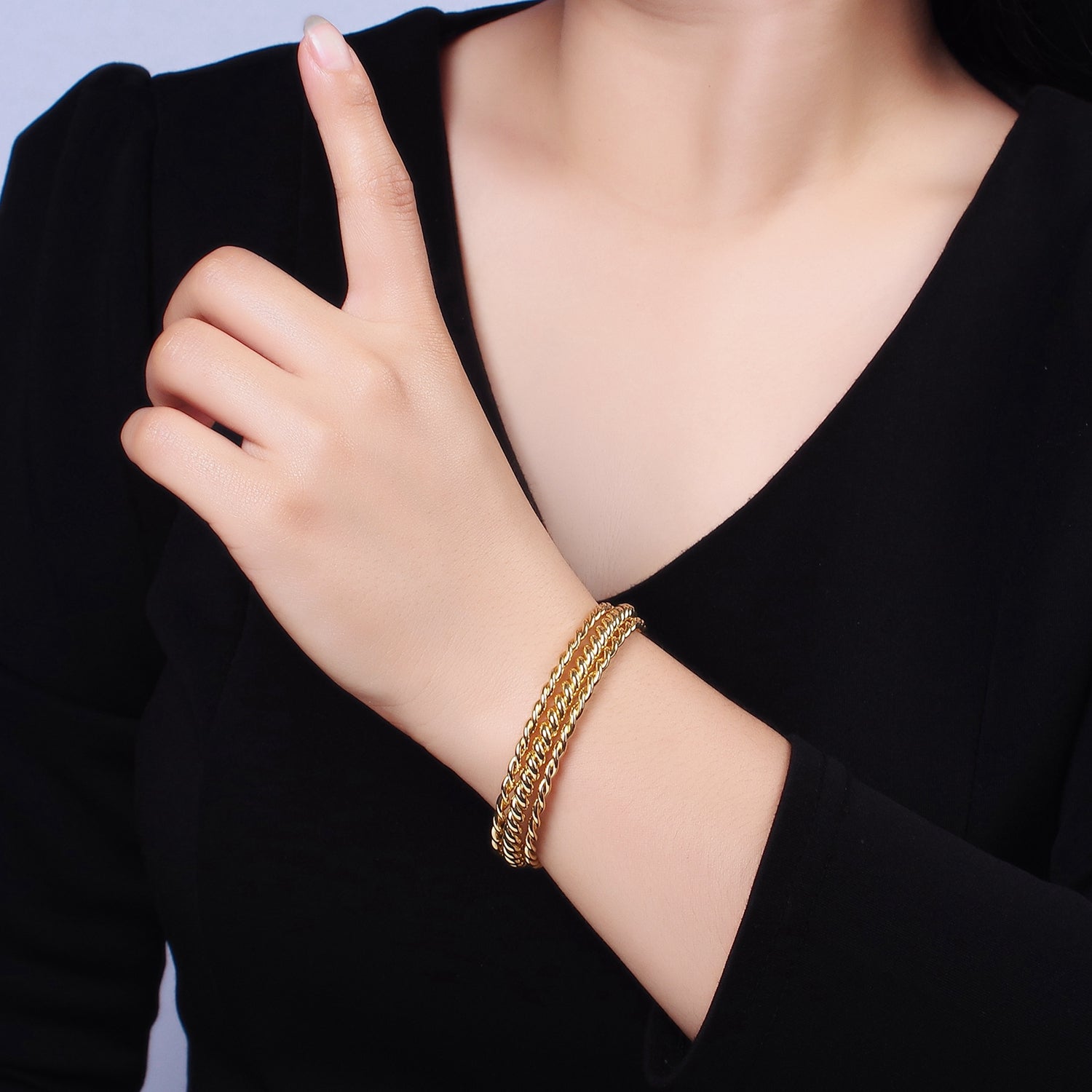 16K Gold Filled Triple Twisted Rope Cuff Bangle Bracelet in Gold & Silver | WA-1918 WA-1919 - DLUXCA