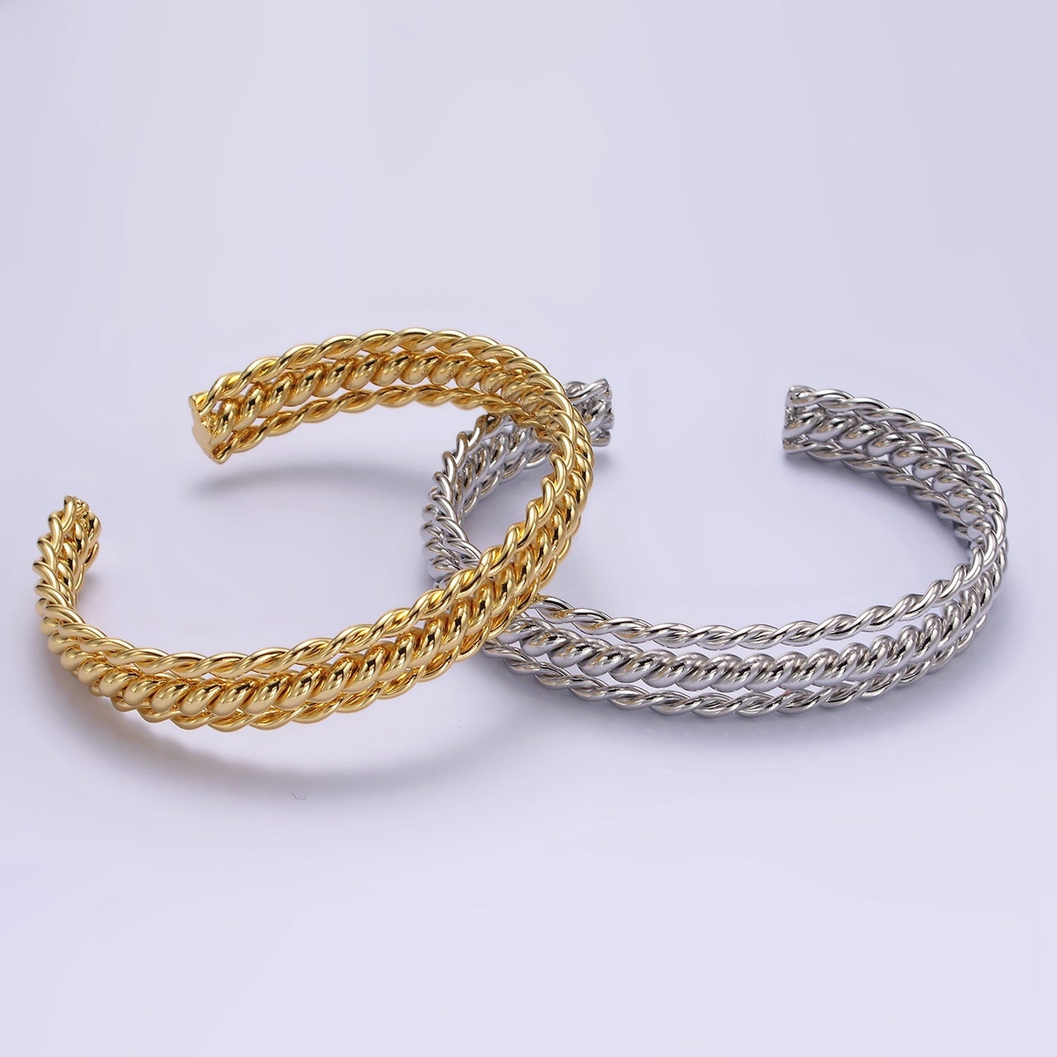 16K Gold Filled Triple Twisted Rope Cuff Bangle Bracelet in Gold & Silver | WA-1918 WA-1919 - DLUXCA