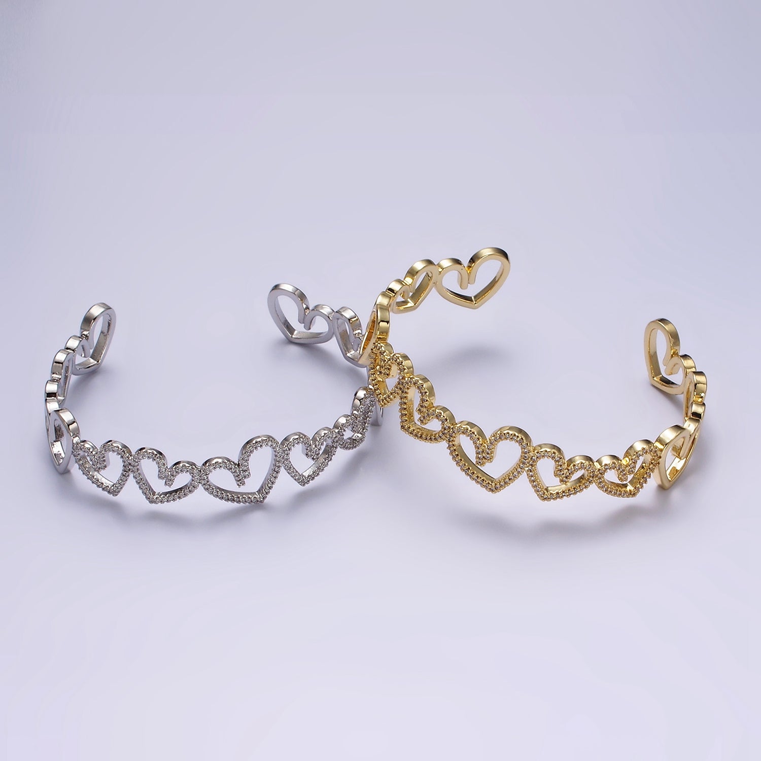 14K Gold Filled Open Heart Micro Paved CZ Cuff Bangle Bracelet in Silver & Gold | WA1920 WA1921 - DLUXCA