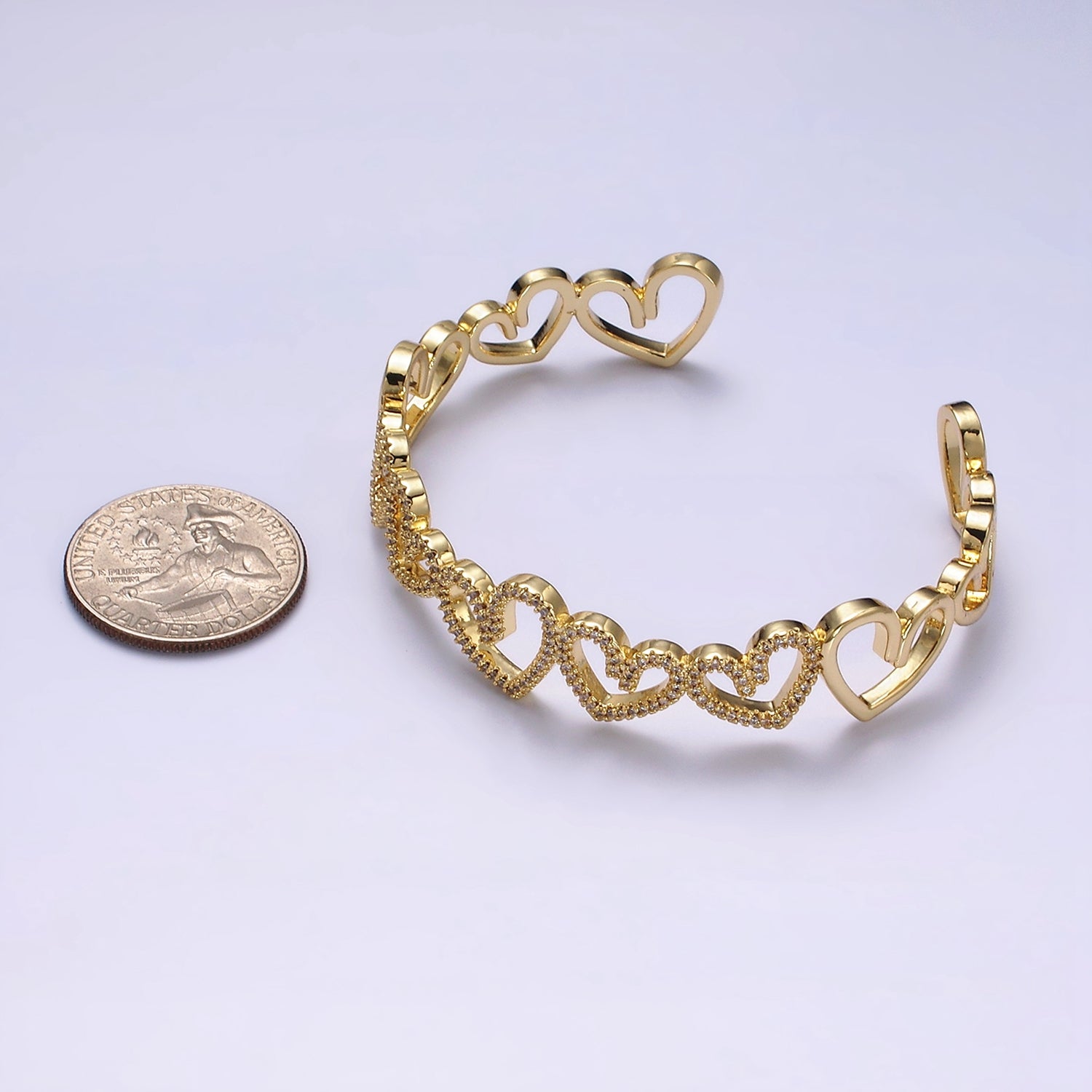 14K Gold Filled Open Heart Micro Paved CZ Cuff Bangle Bracelet in Silver & Gold | WA1920 WA1921 - DLUXCA