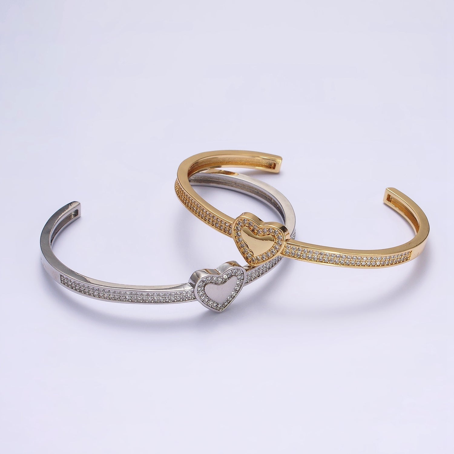 14K Gold Filled Heart Clear Micro Paved CZ Cuff Bangle Bracelet in Silver & Gold | WA-1924 WA-1925 - DLUXCA