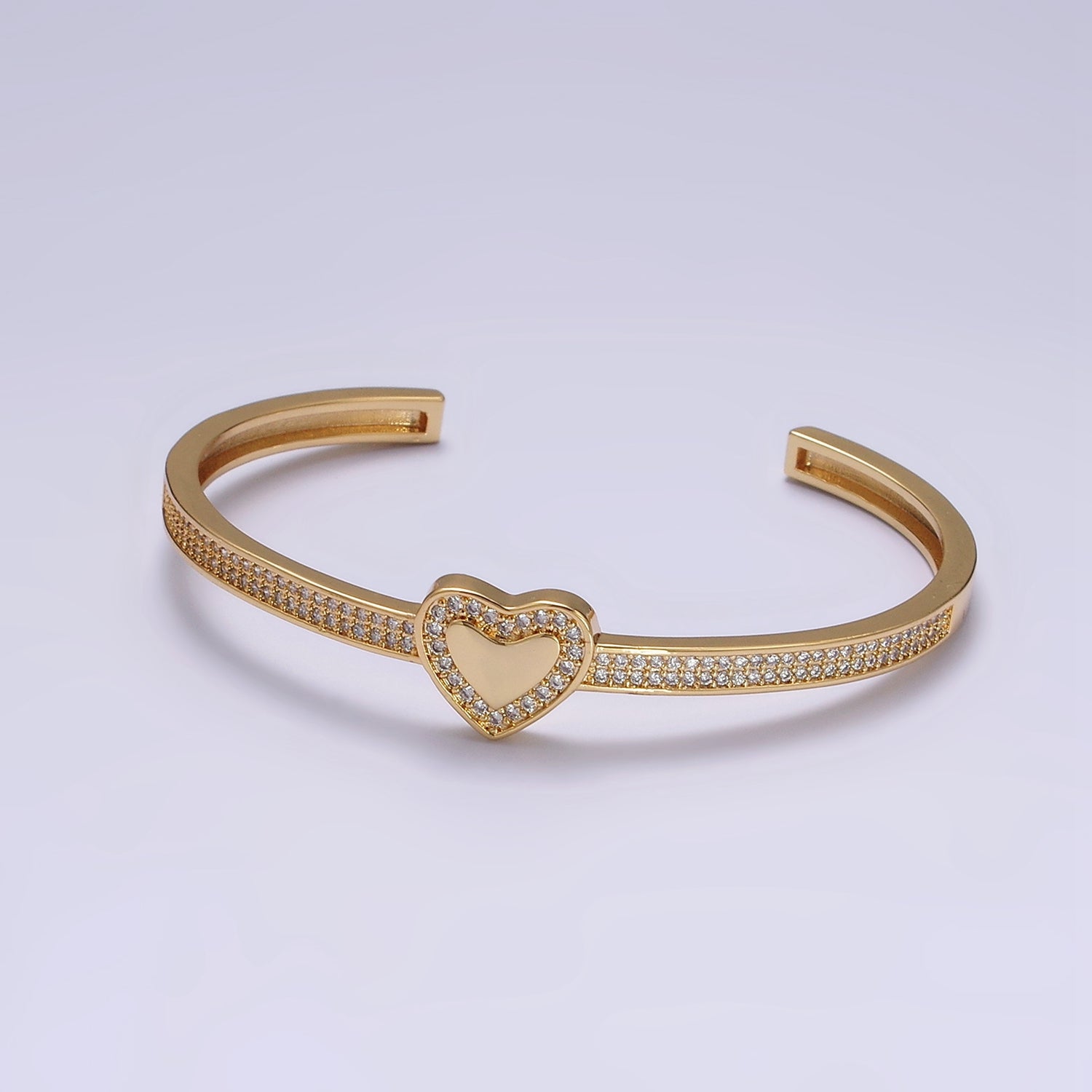 14K Gold Filled Heart Clear Micro Paved CZ Cuff Bangle Bracelet in Silver & Gold | WA-1924 WA-1925 - DLUXCA