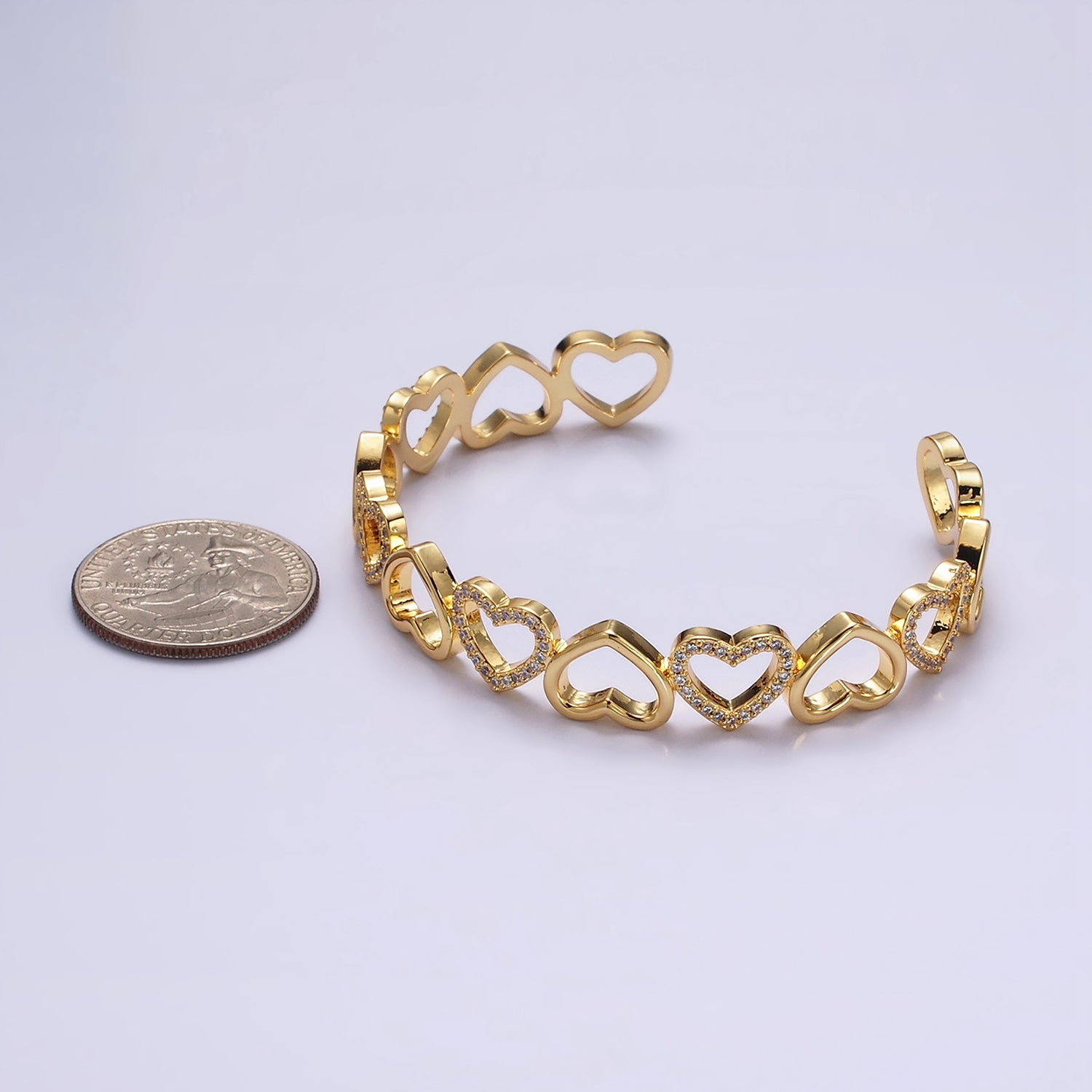 14K Gold Filled Open Heart Micro Paved CZ Cuff Bangle Bracelet in Silver & Gold | WA1927 WA1928 - DLUXCA