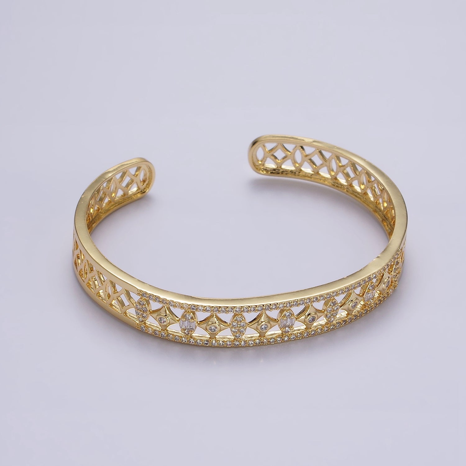 14K Gold Filled Spade Marquise Lined Micro Paved CZ Open Cuff Bangle Bracelet in Gold & Silver | WA-1931 WA-1932 - DLUXCA