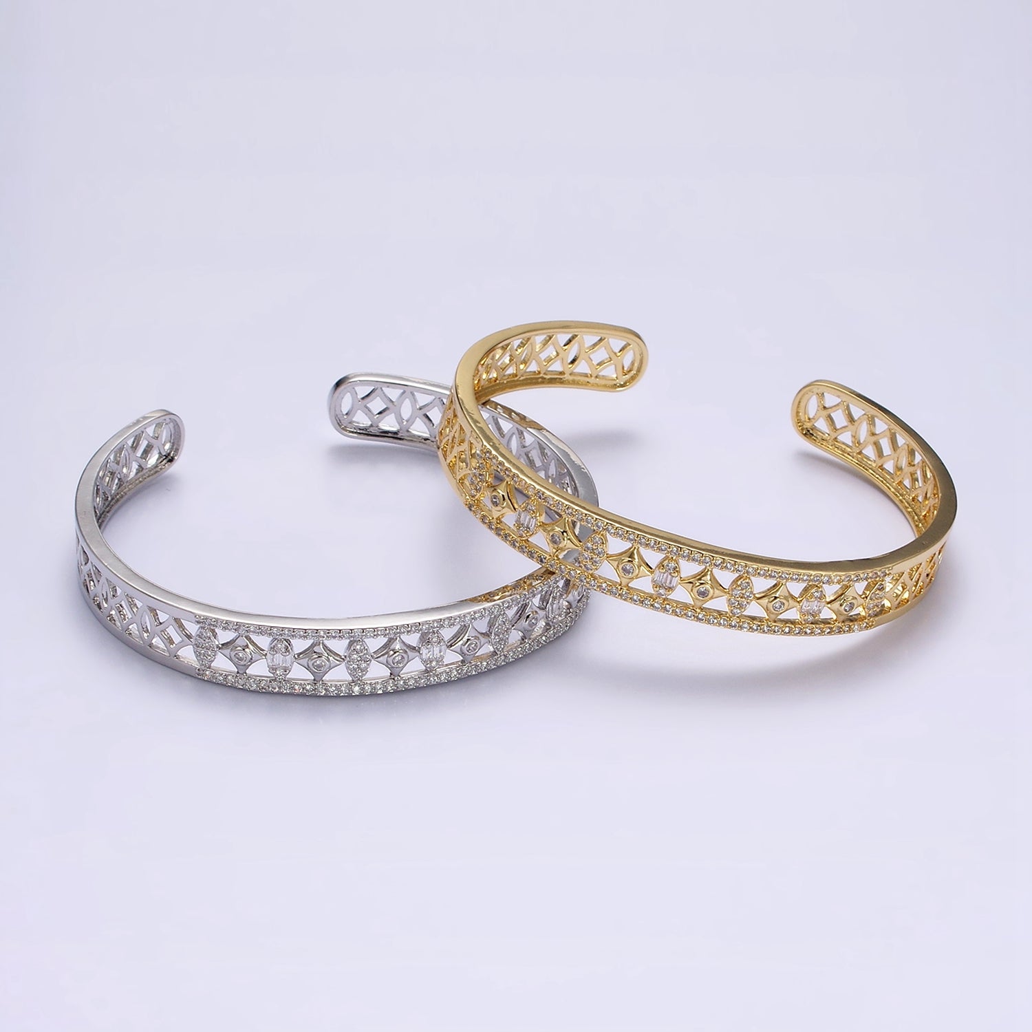 14K Gold Filled Spade Marquise Lined Micro Paved CZ Open Cuff Bangle Bracelet in Gold & Silver | WA-1931 WA-1932 - DLUXCA