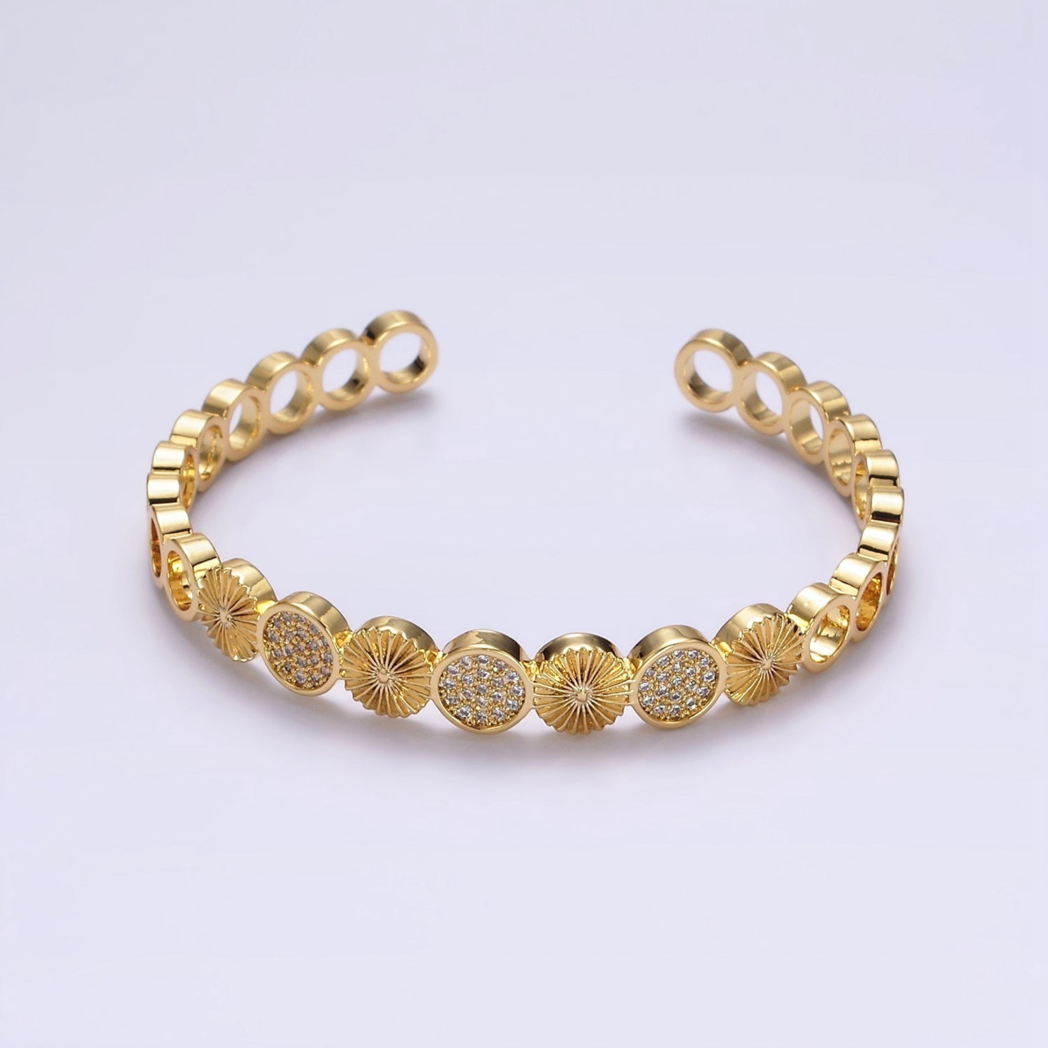 14K Gold Filled Sunflower Sunburst Textured Micro Paved CZ Round Cuff Bangle Bracelet in Silver & Gold | WA1933 WA1934