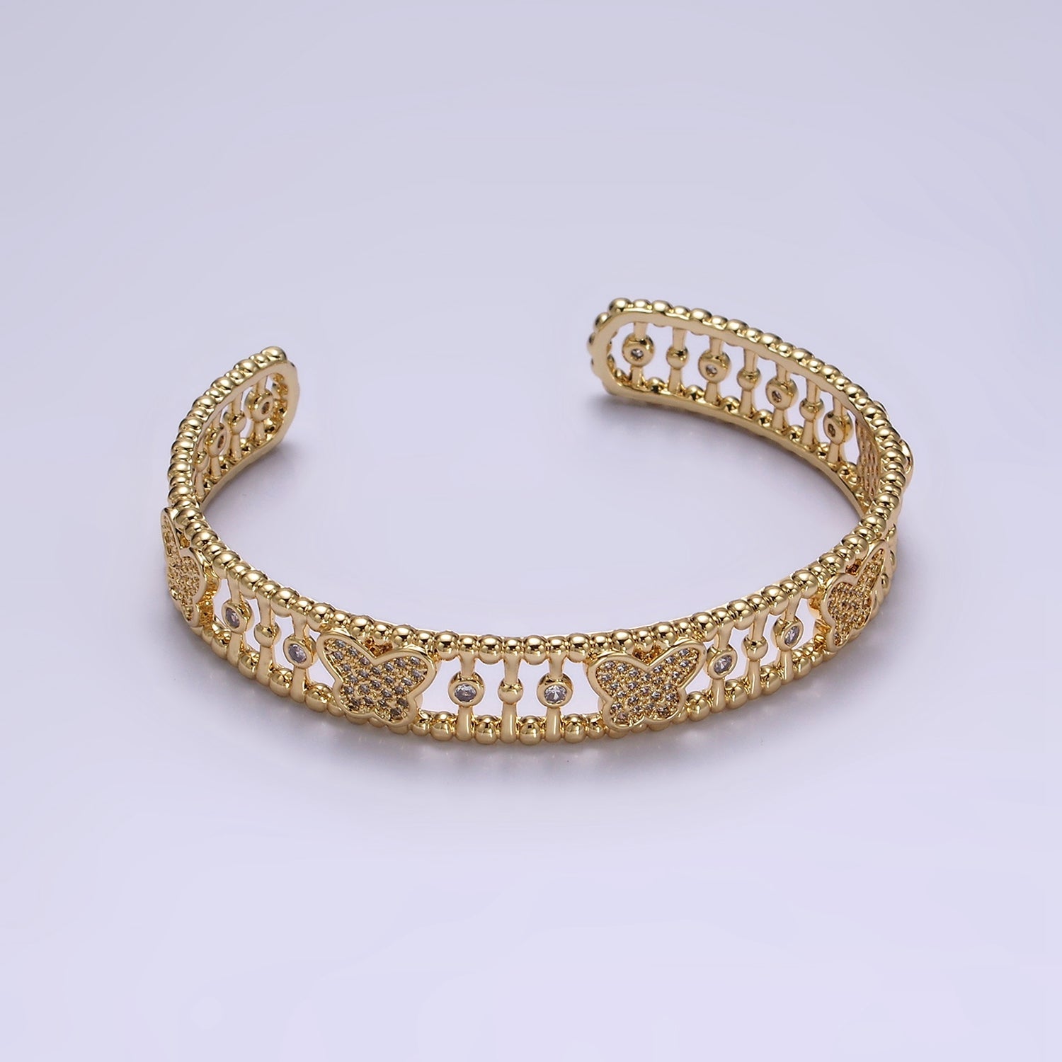 14K Gold Filled Micro Paved CZ Butterfly Triple Band Beaded Bubble Cuff Bracelet in Gold & Silver | WA-1935 WA-1936