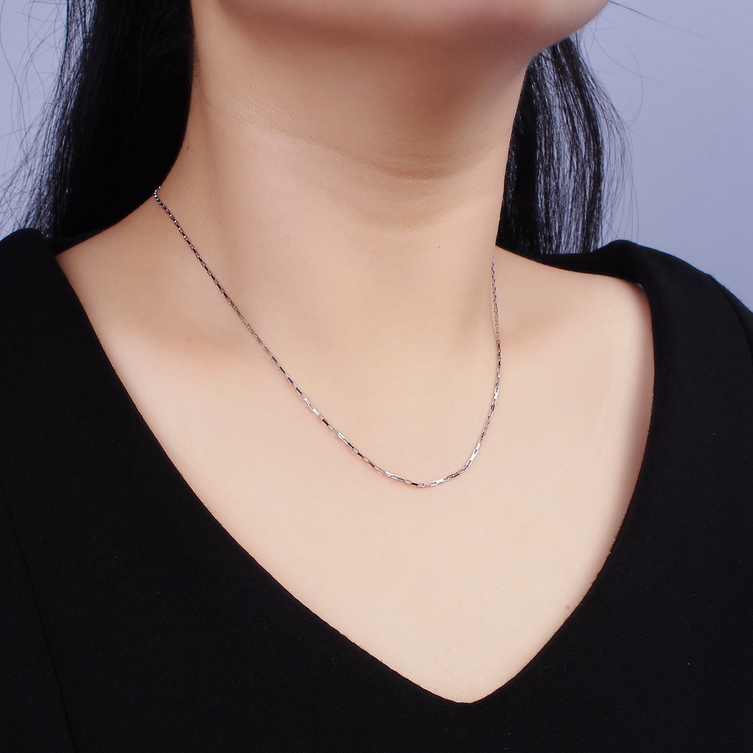 S925 Sterling Silver 1mm Box Rectangular Paperclip 15.35 Inch Choker Chain Necklace | WA-1942 - DLUXCA