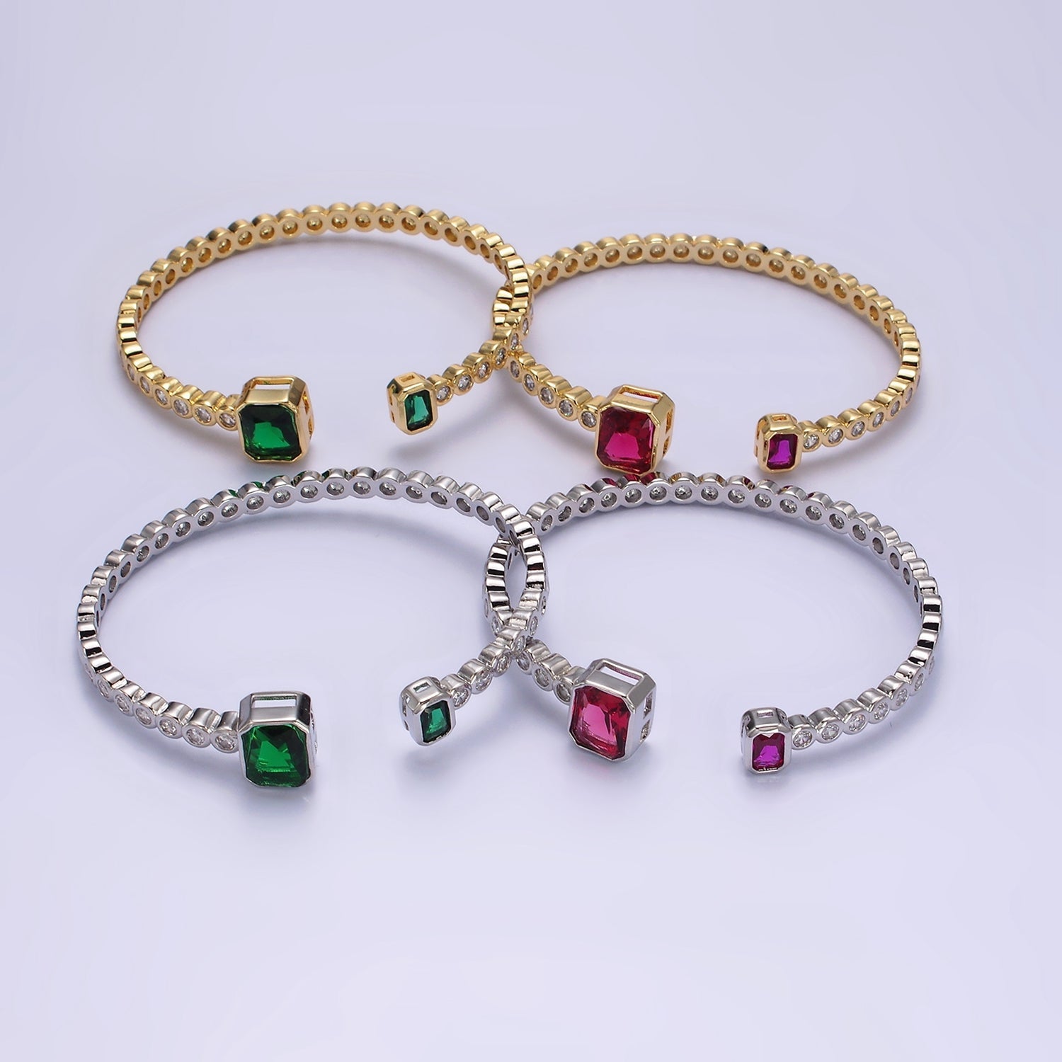 14K Gold Filled Green, Fuchsia Baguette Round CZ Lined Cuff Bracelet in Silver & Gold | WA-1974 ~ WA-1977 - DLUXCA