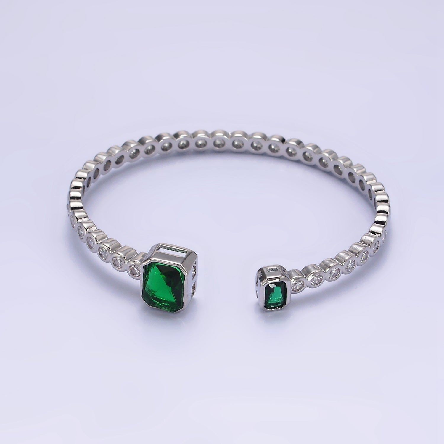 14K Gold Filled Green, Fuchsia Baguette Round CZ Lined Cuff Bracelet in Silver & Gold | WA-1974 ~ WA-1977