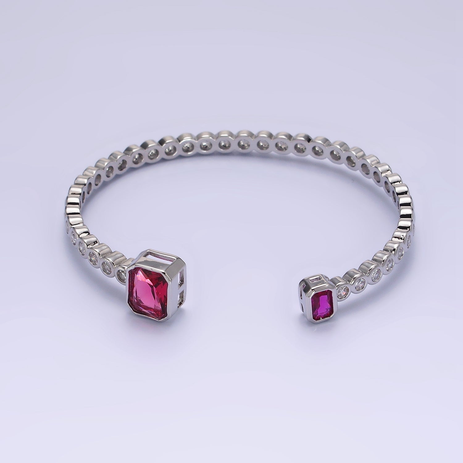 14K Gold Filled Green, Fuchsia Baguette Round CZ Lined Cuff Bracelet in Silver & Gold | WA-1974 ~ WA-1977